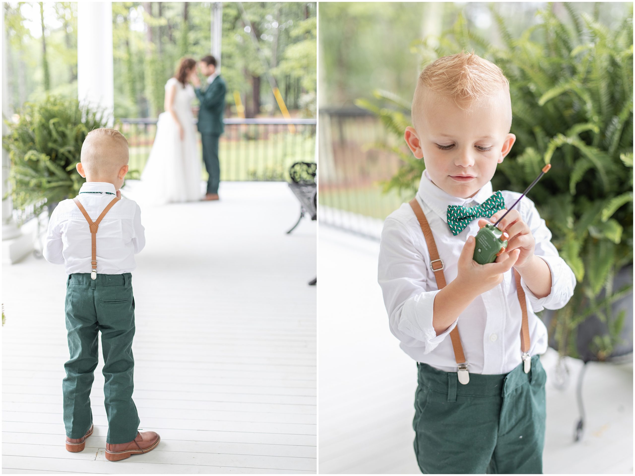 ring bearer plays on front porch during wedding day