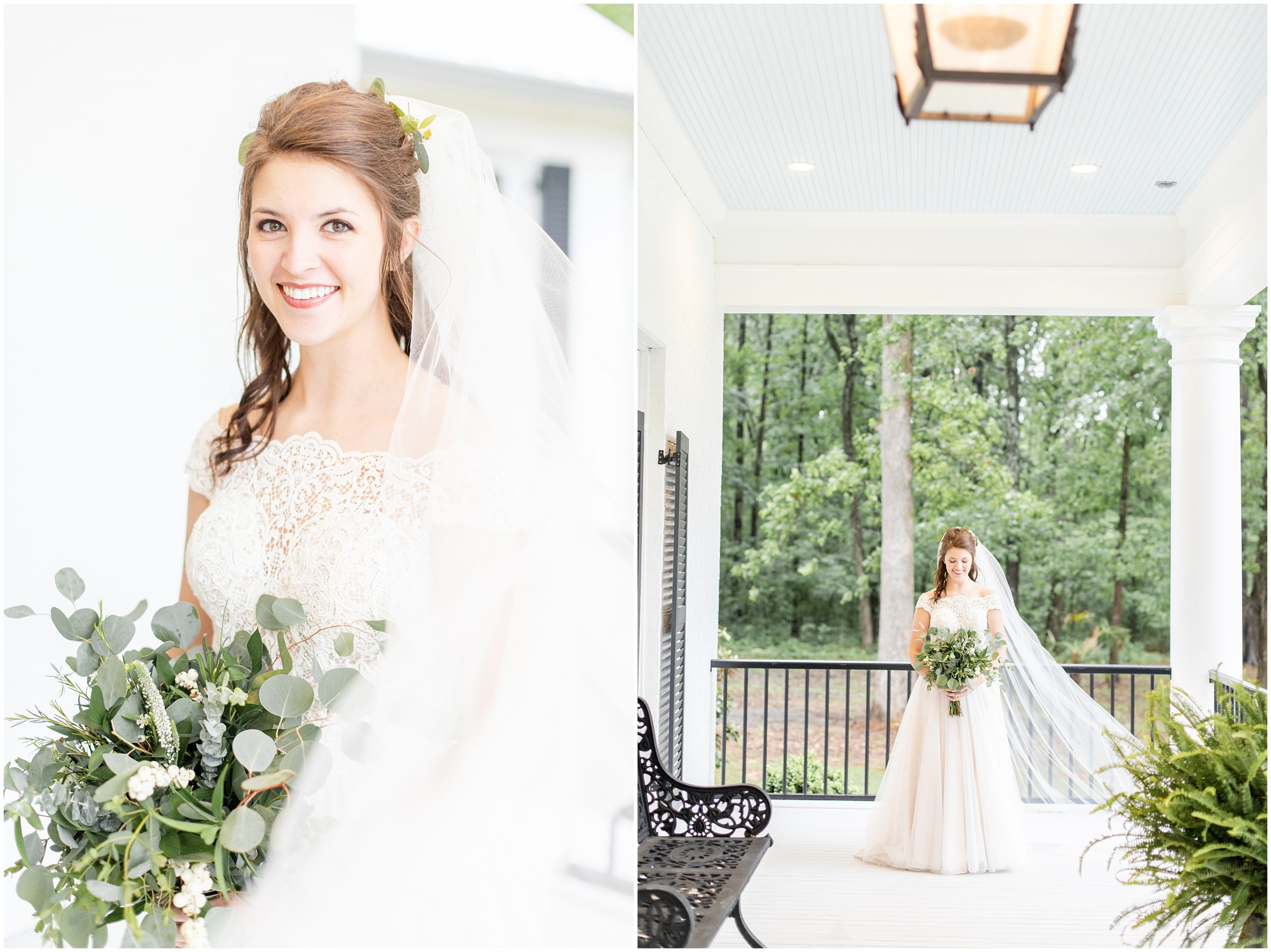 bridal portraits on porch of The Witt House