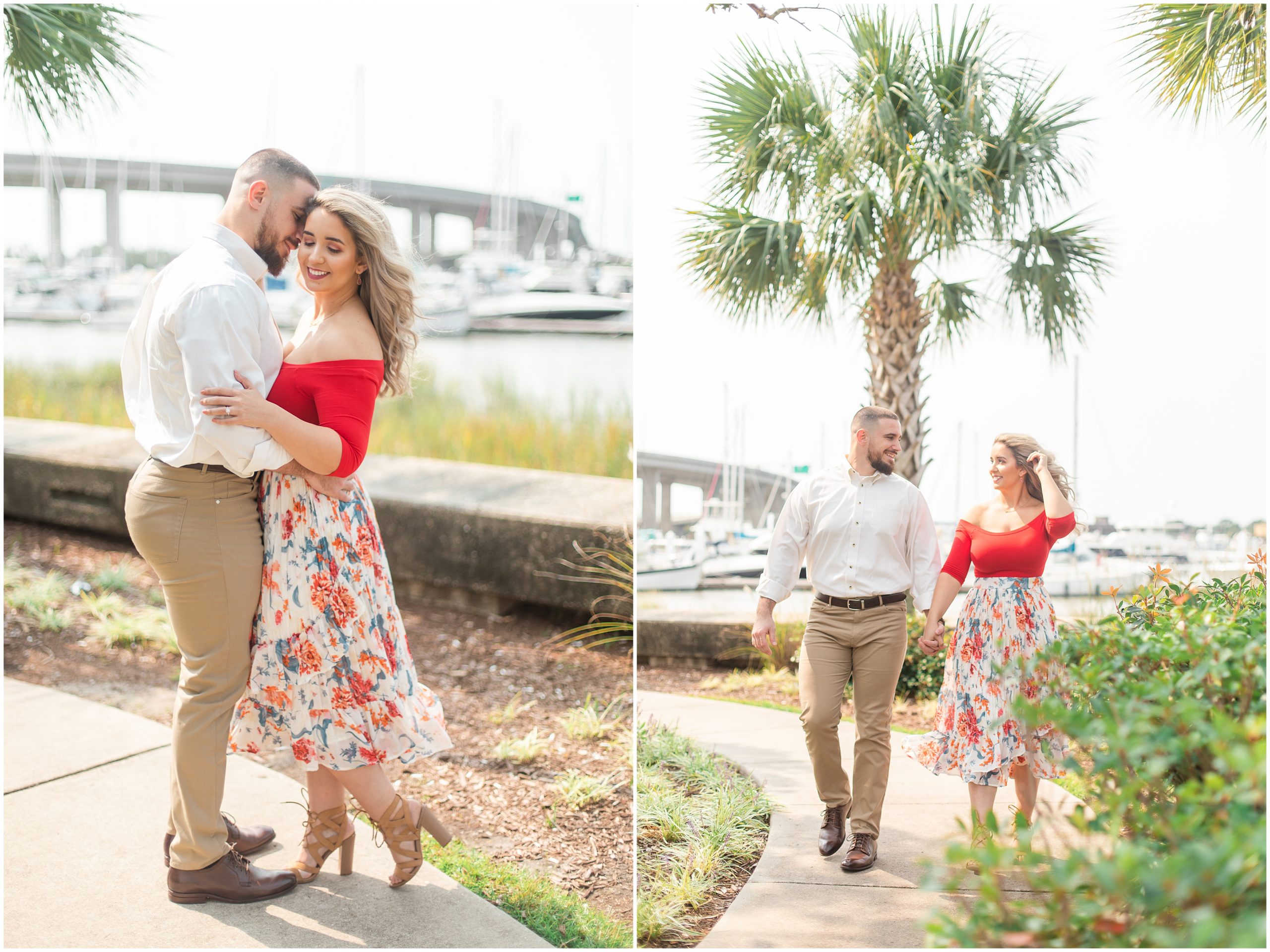 couple walks along waterfront in Charleston