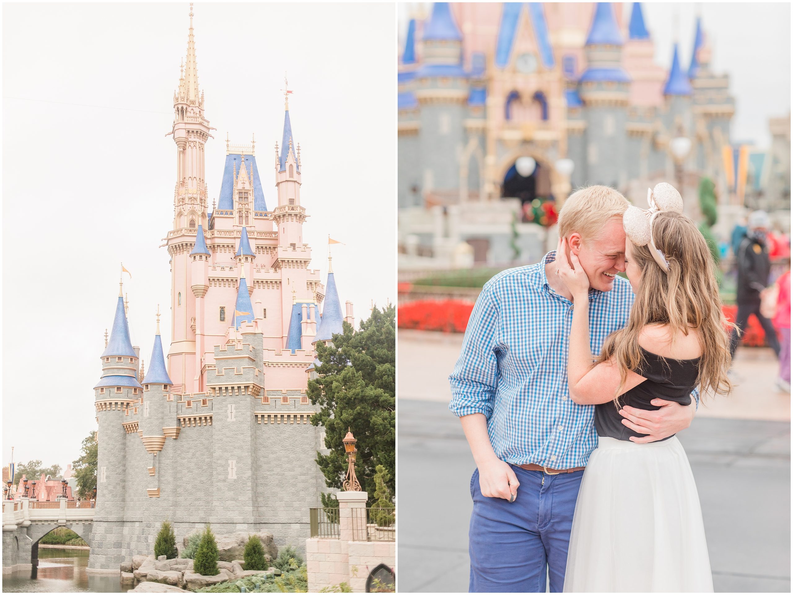 couple hugs outside Cinderella's Castle in Orlando FL