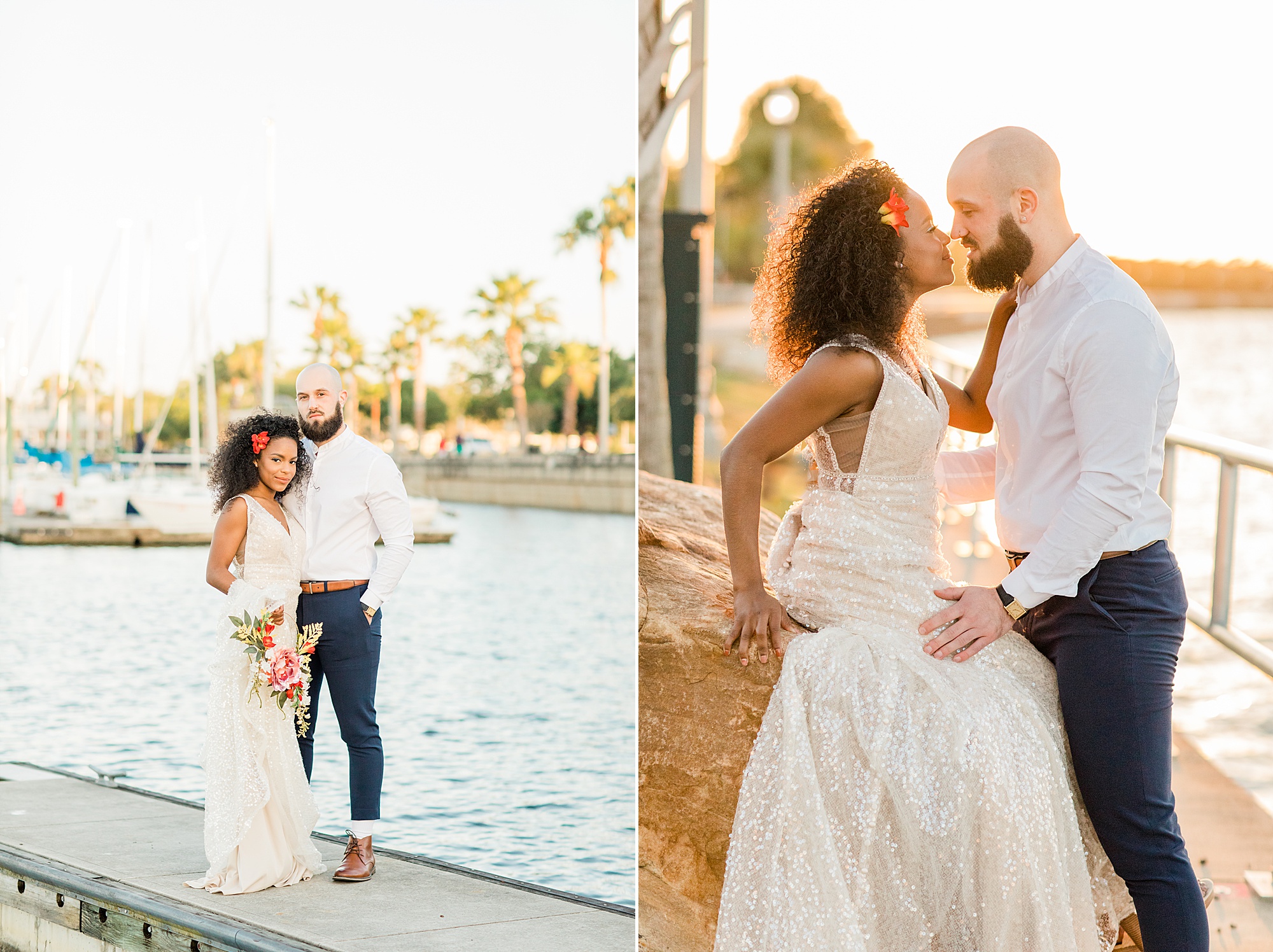 bride wearing Ariel wedding gown poses along water in Orlando 
