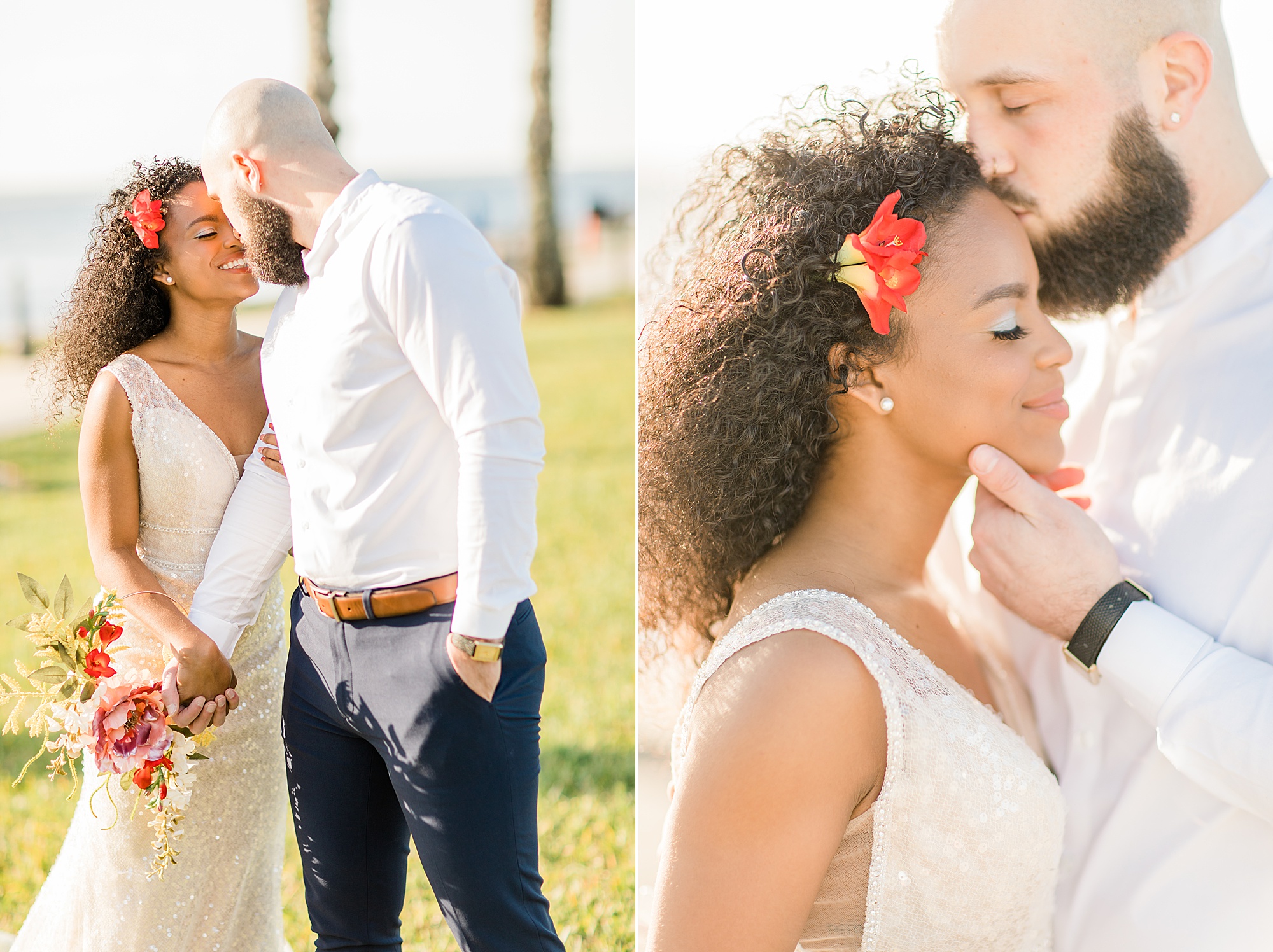 newlyweds kiss during tropical wedding in Florida