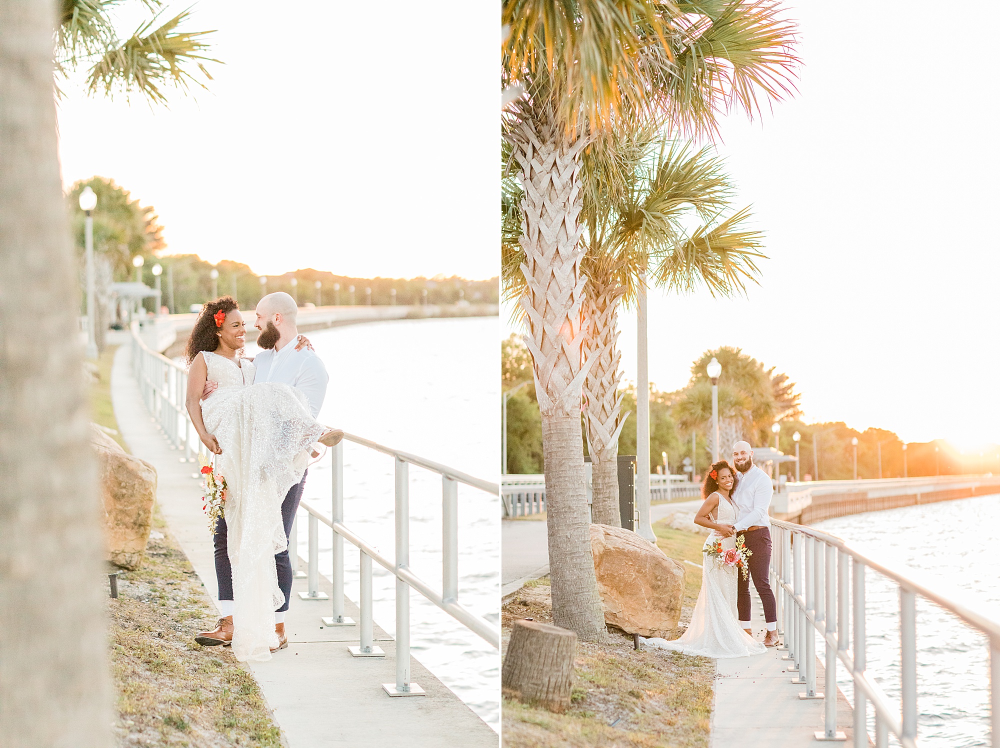 sunset wedding portraits along palm trees during Disney Inspired Wedding