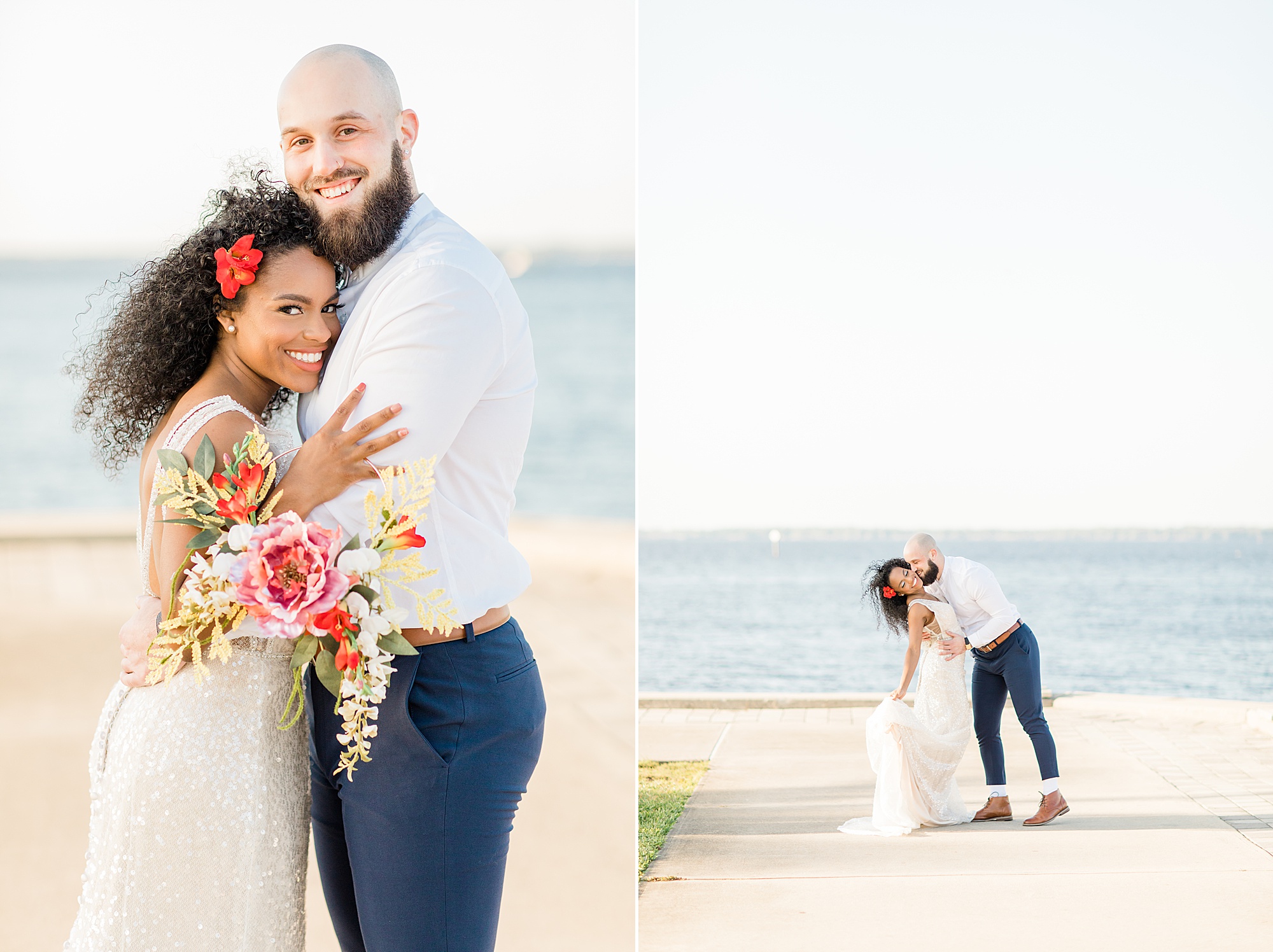 groom hugs bride during Florida wedding photos along water