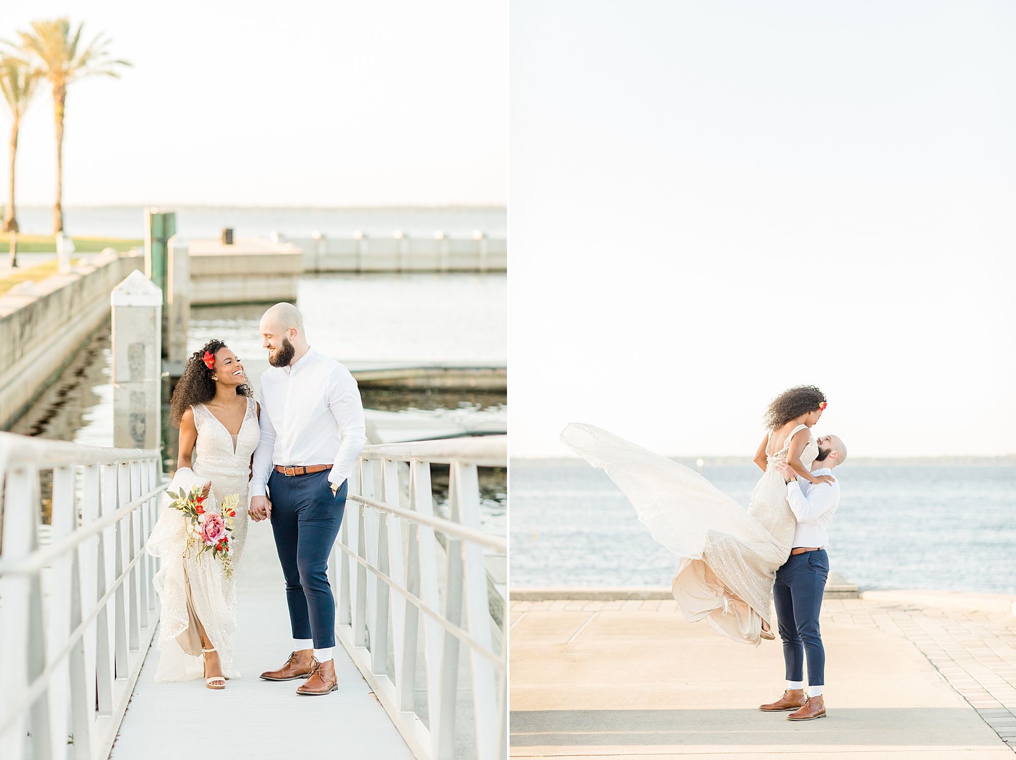 newlyweds walk on pier in Florida