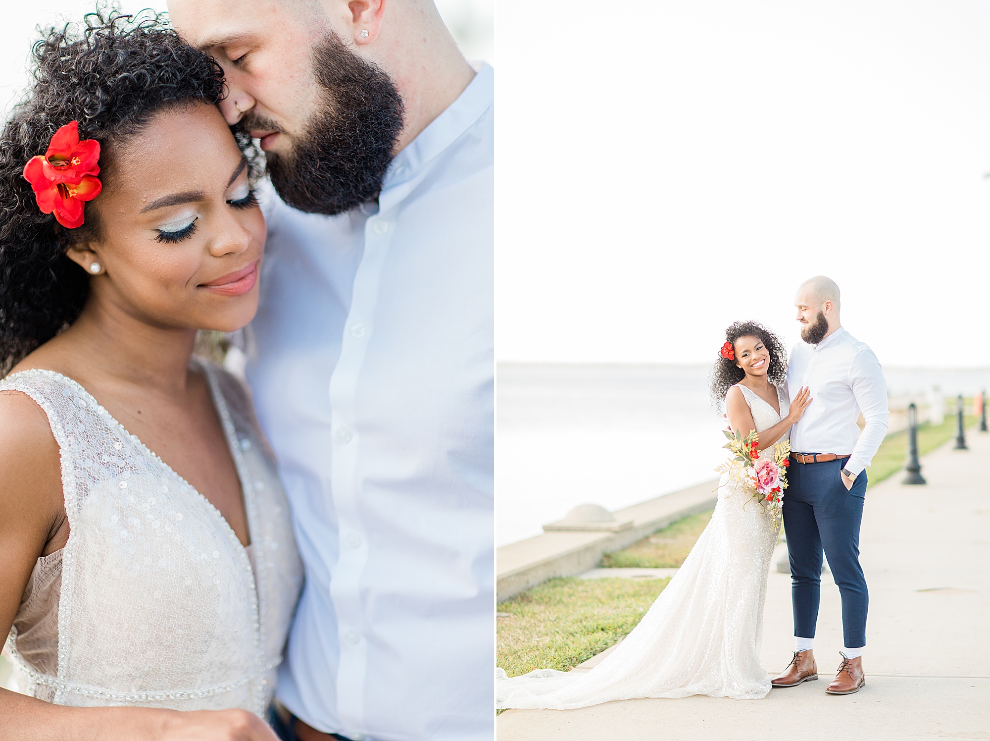 bride and groom walk along waterfront during Disney Inspired Wedding
