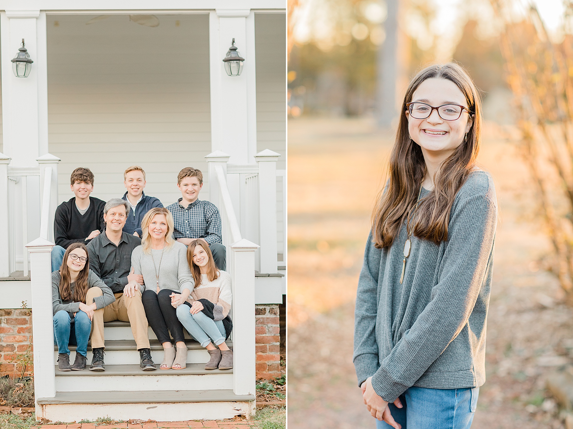 family sits on porch during Charlotte family portraits 