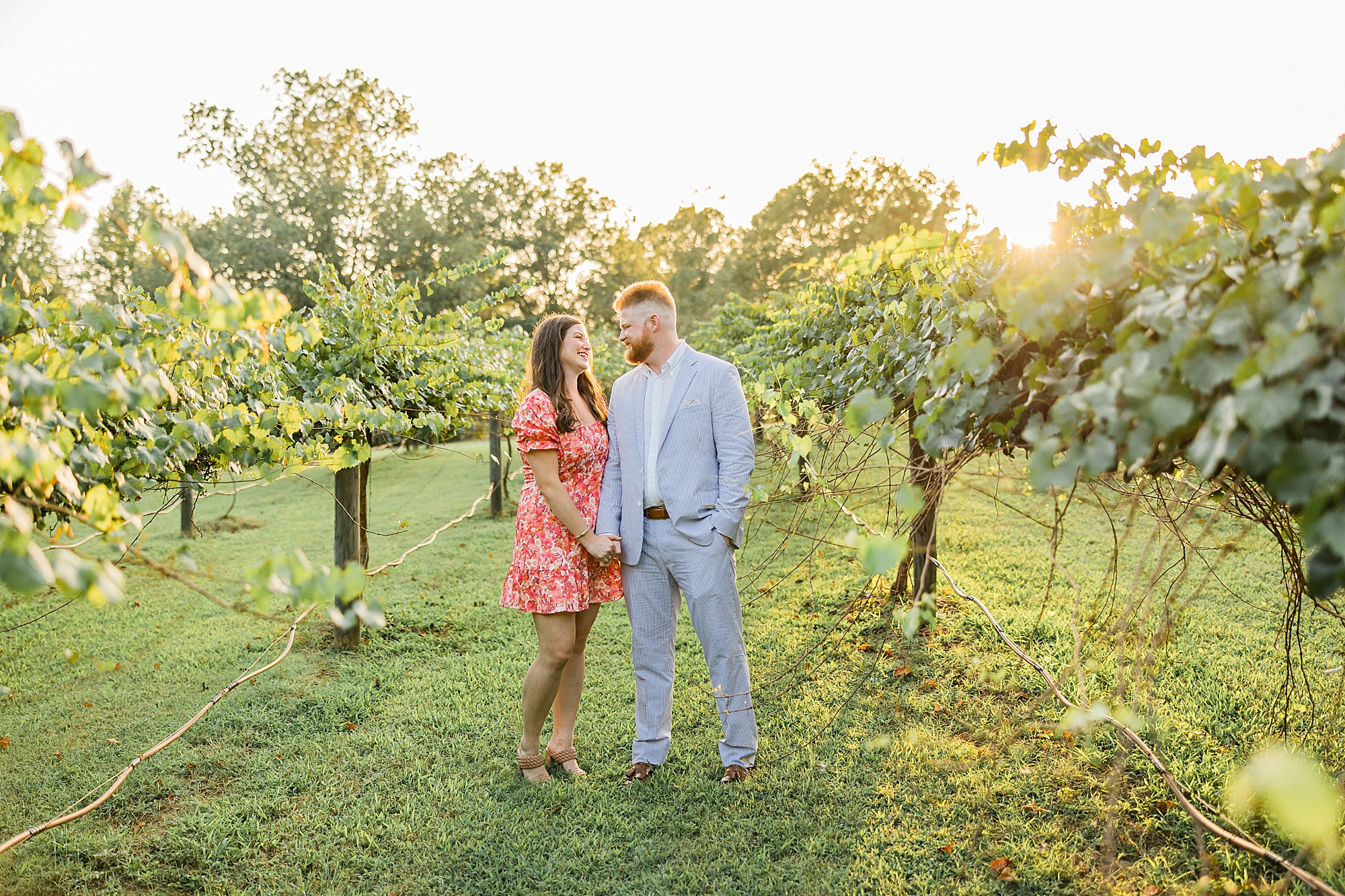 couple poses in vineyard at North Corner Haven