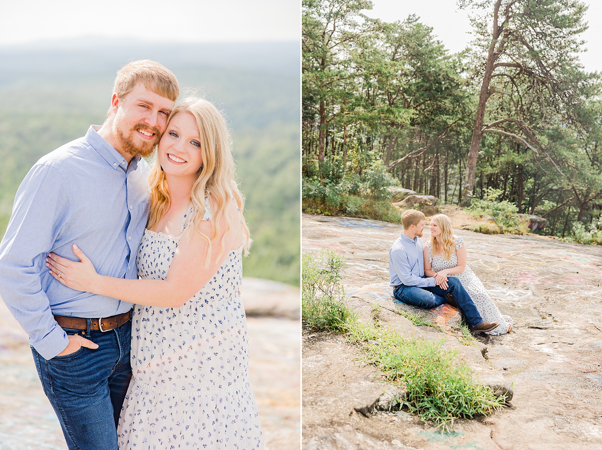 Bald Rock engagement session for couple in light blue outfits