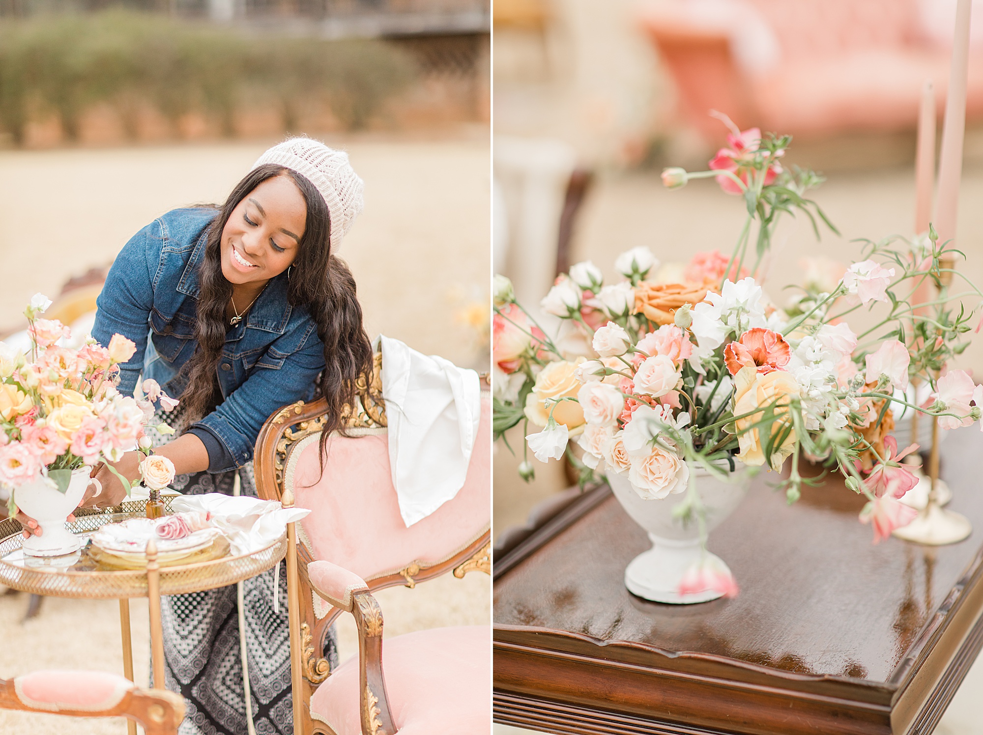 wedding planner sets up flowers during North Corner Haven styled shoot