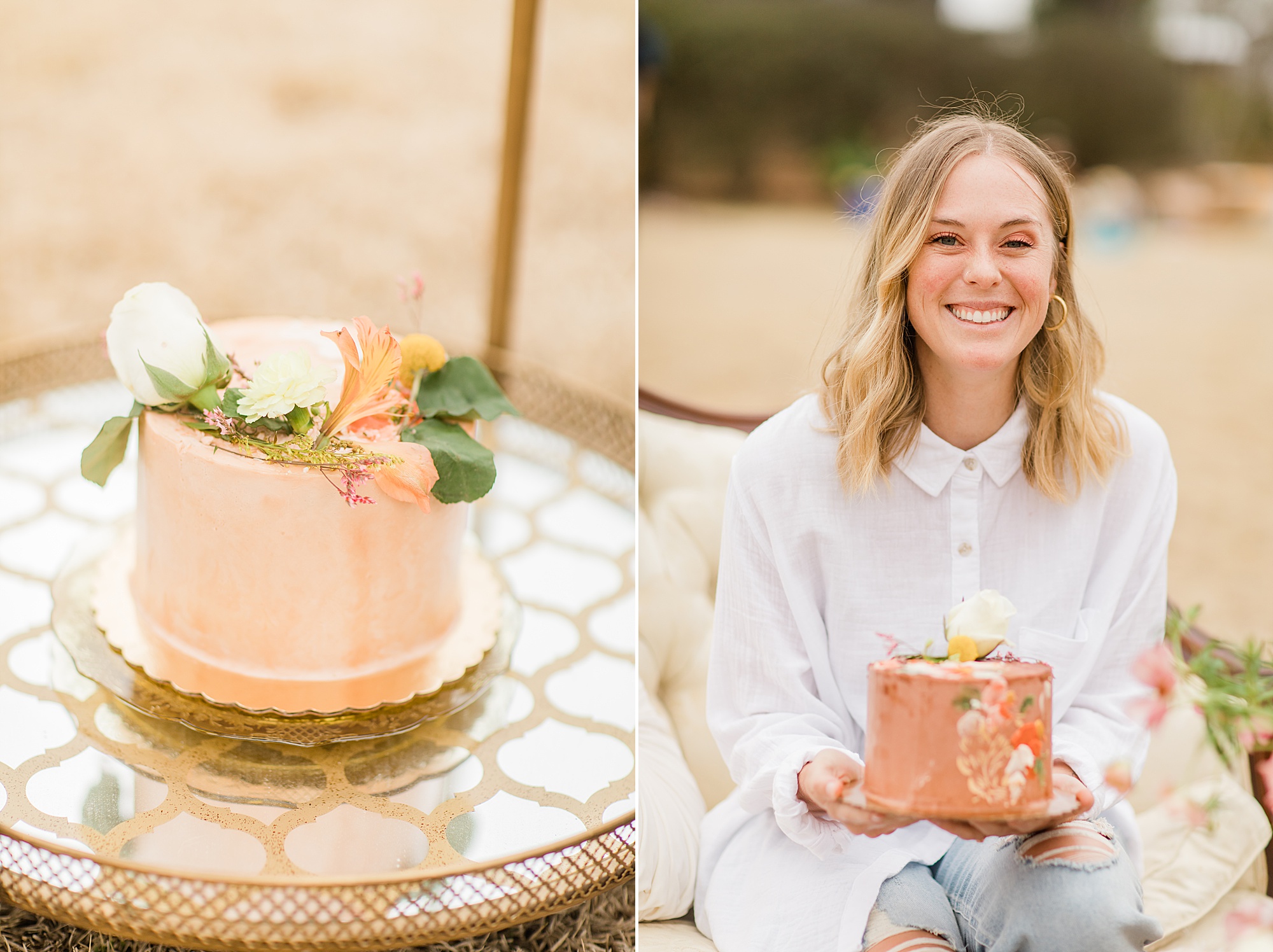 owner of Flour & Batter holds peach wedding cake