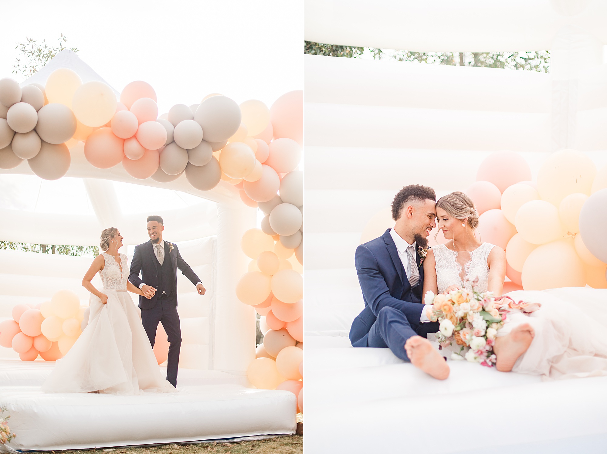 married couple sits in display by Posh Balloons 