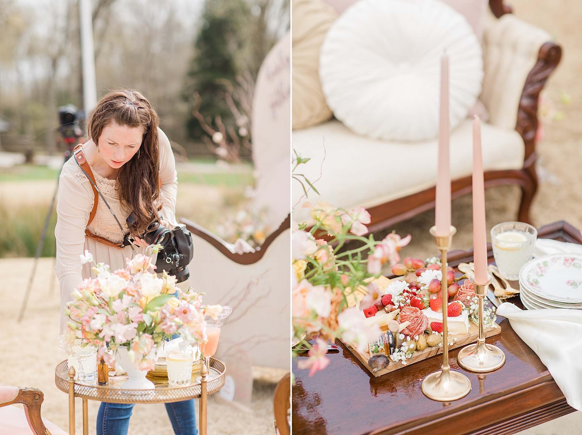 Cheyenne Schultz adjusts tablescape for photos at North Corner Haven styled shoot