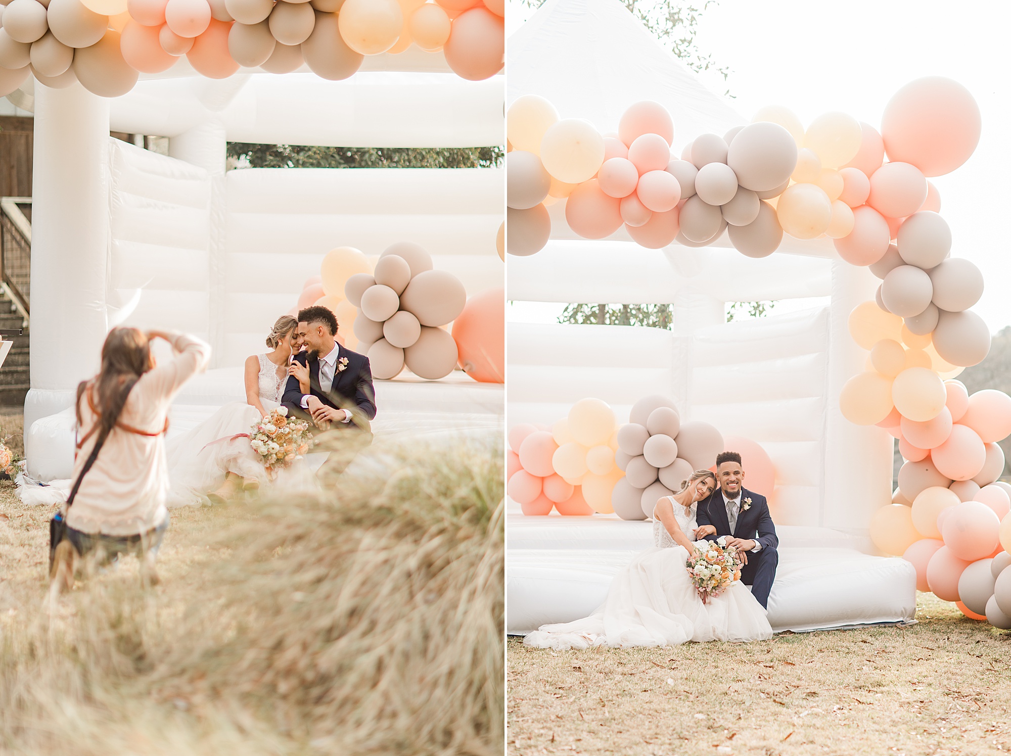 bride and groom pose by balloon display from Posh Balloons