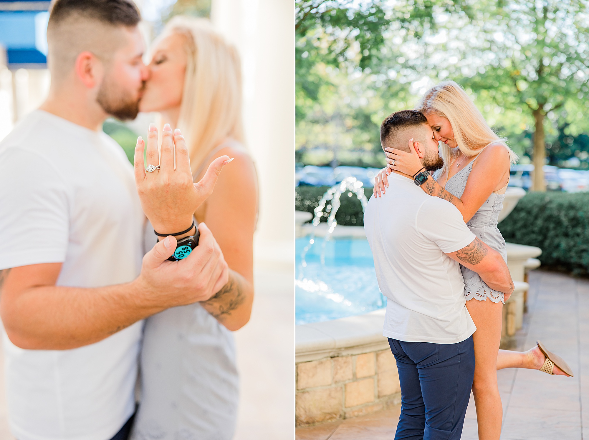 couple hugs by fountain after Ballantyne Hotel proposal