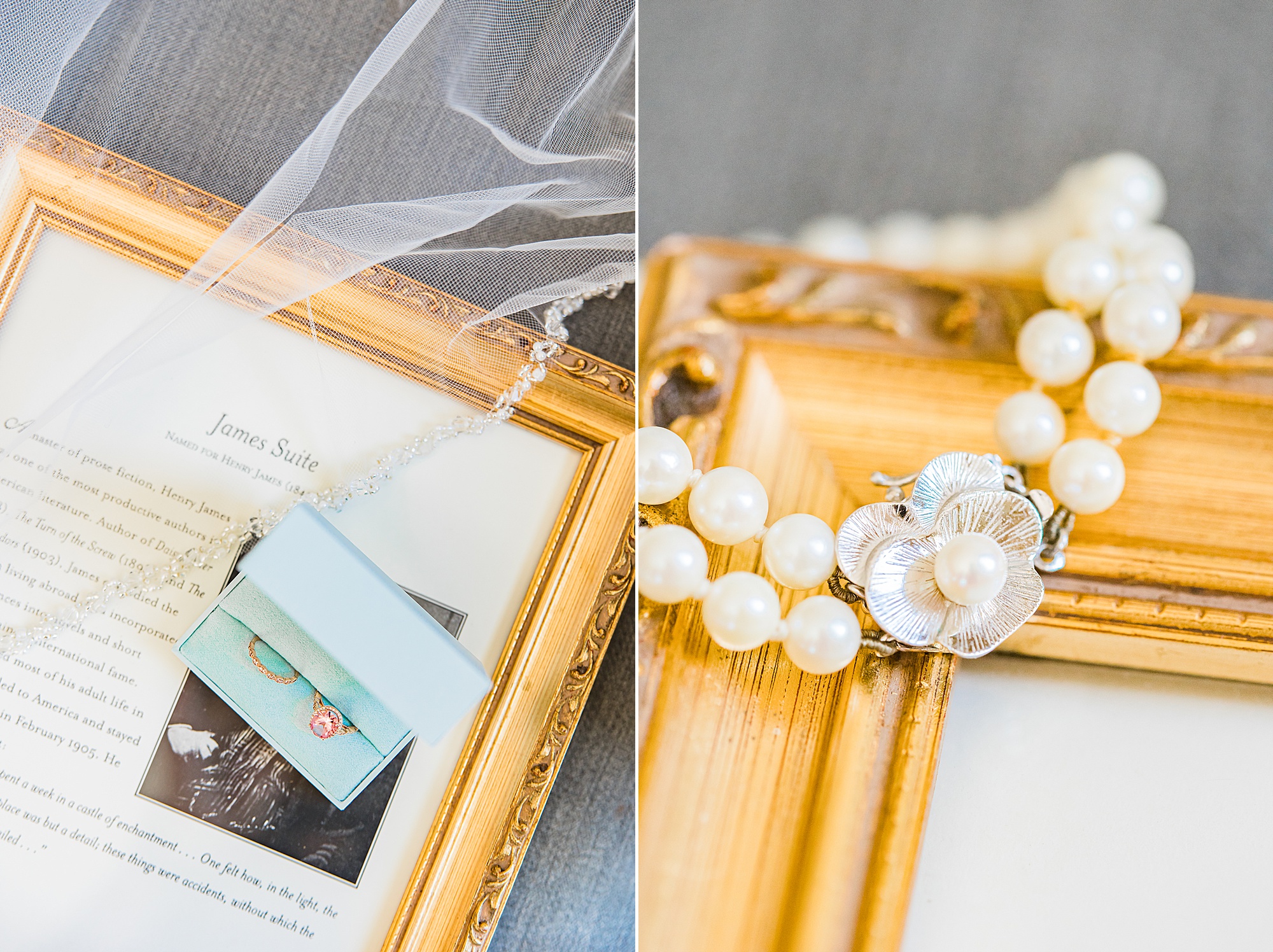 bride's pearl bracelet rests on gold frame