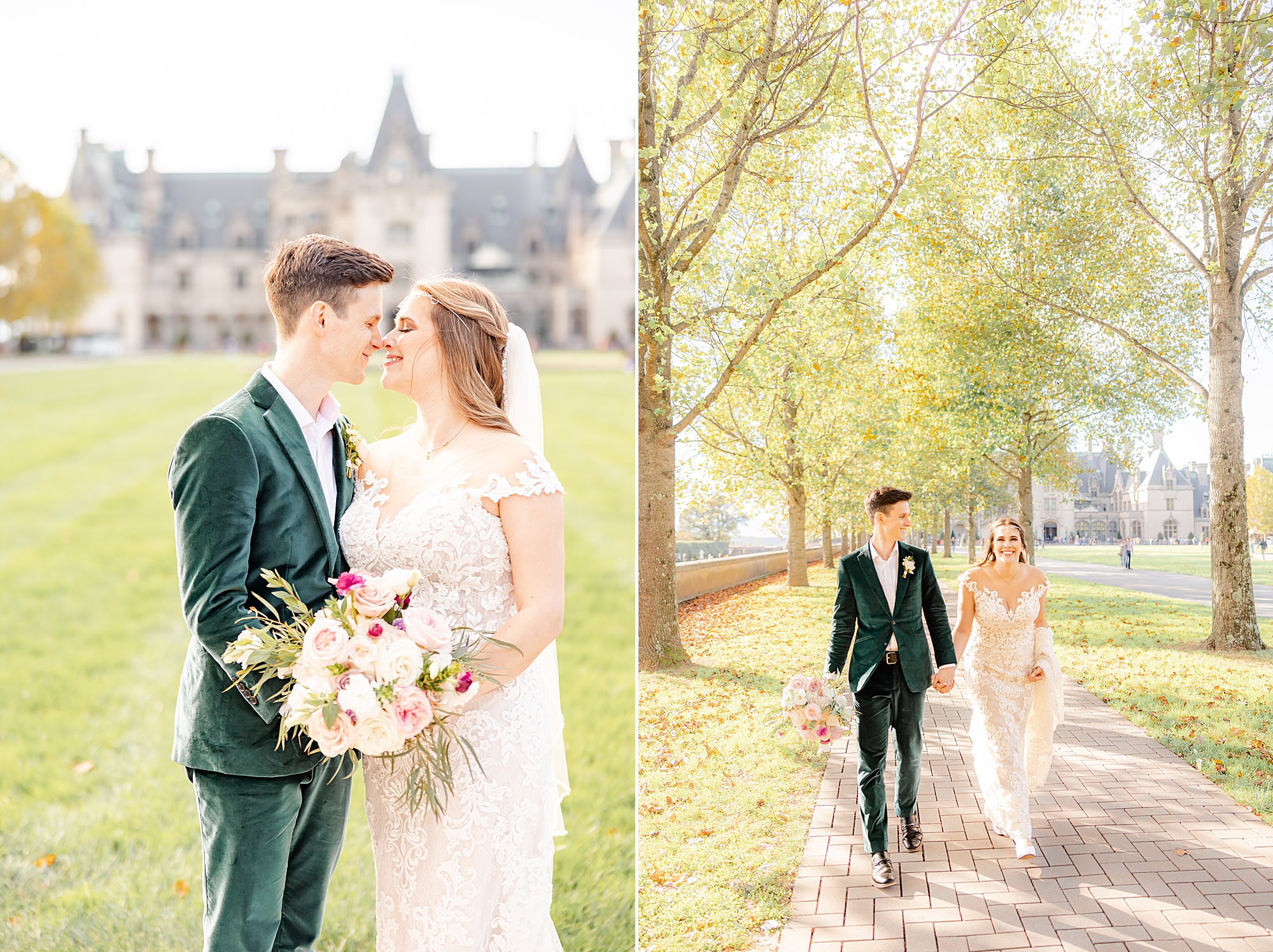 fall Biltmore Estate wedding portraits on the lawn