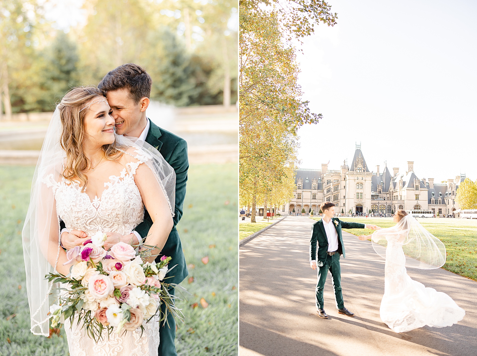 newlyweds stand together outside the Biltmore Estate