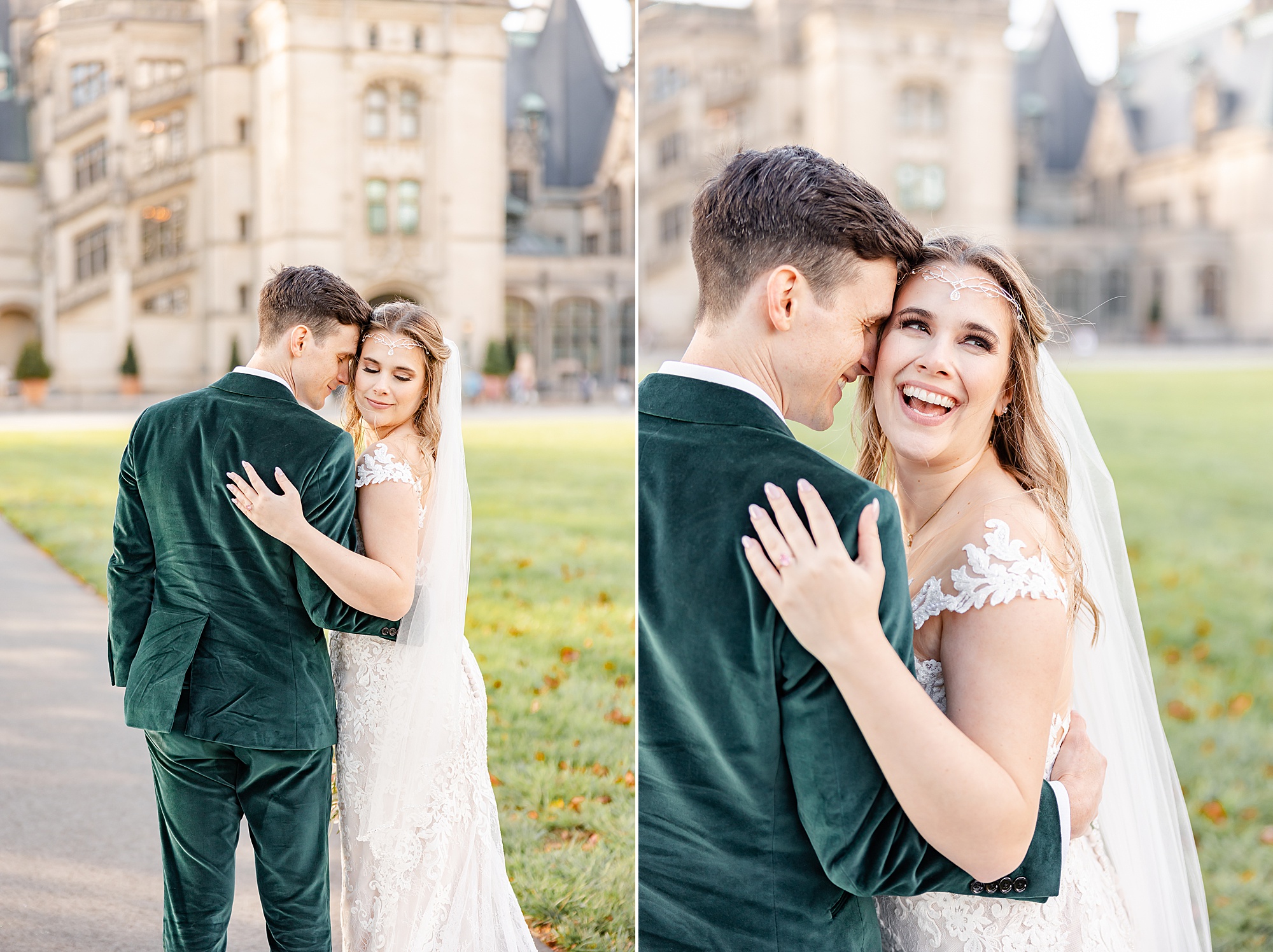 bride laughs during Asheville NC wedding portraits at the Biltmore Estate