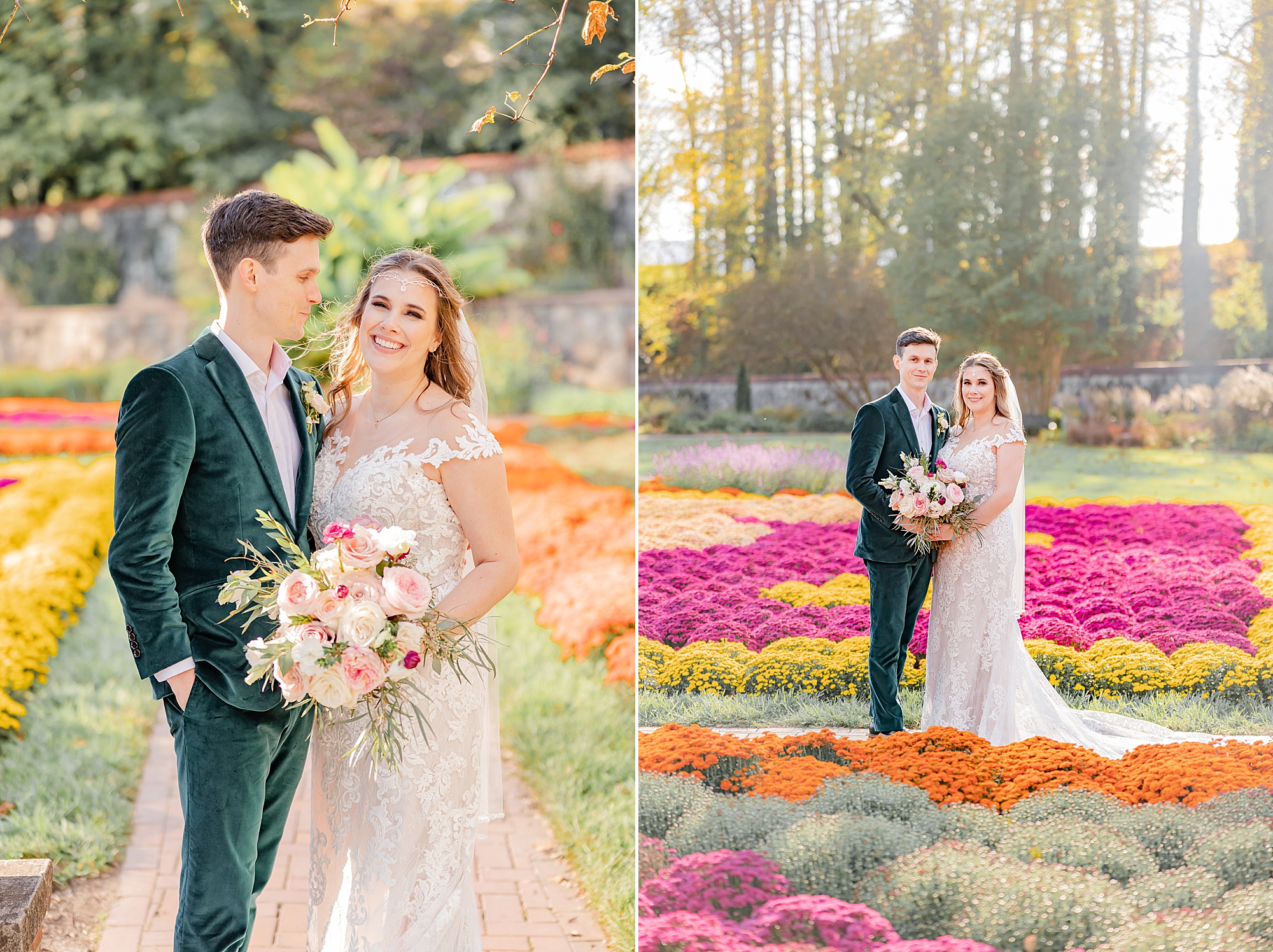 fall wedding portraits of bride and groom in colorful garden