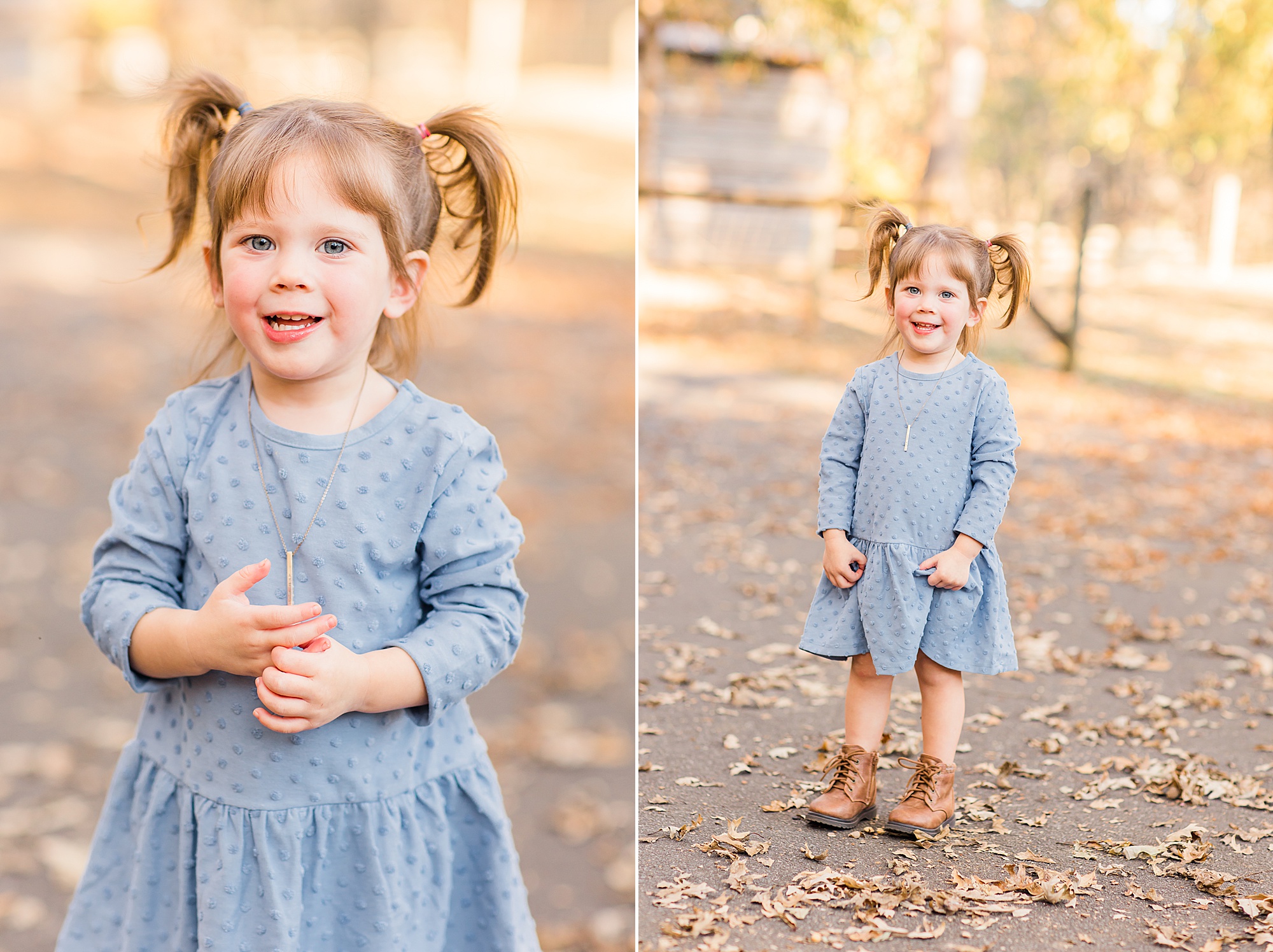 two year old plays during fall family photos in Duluth GA