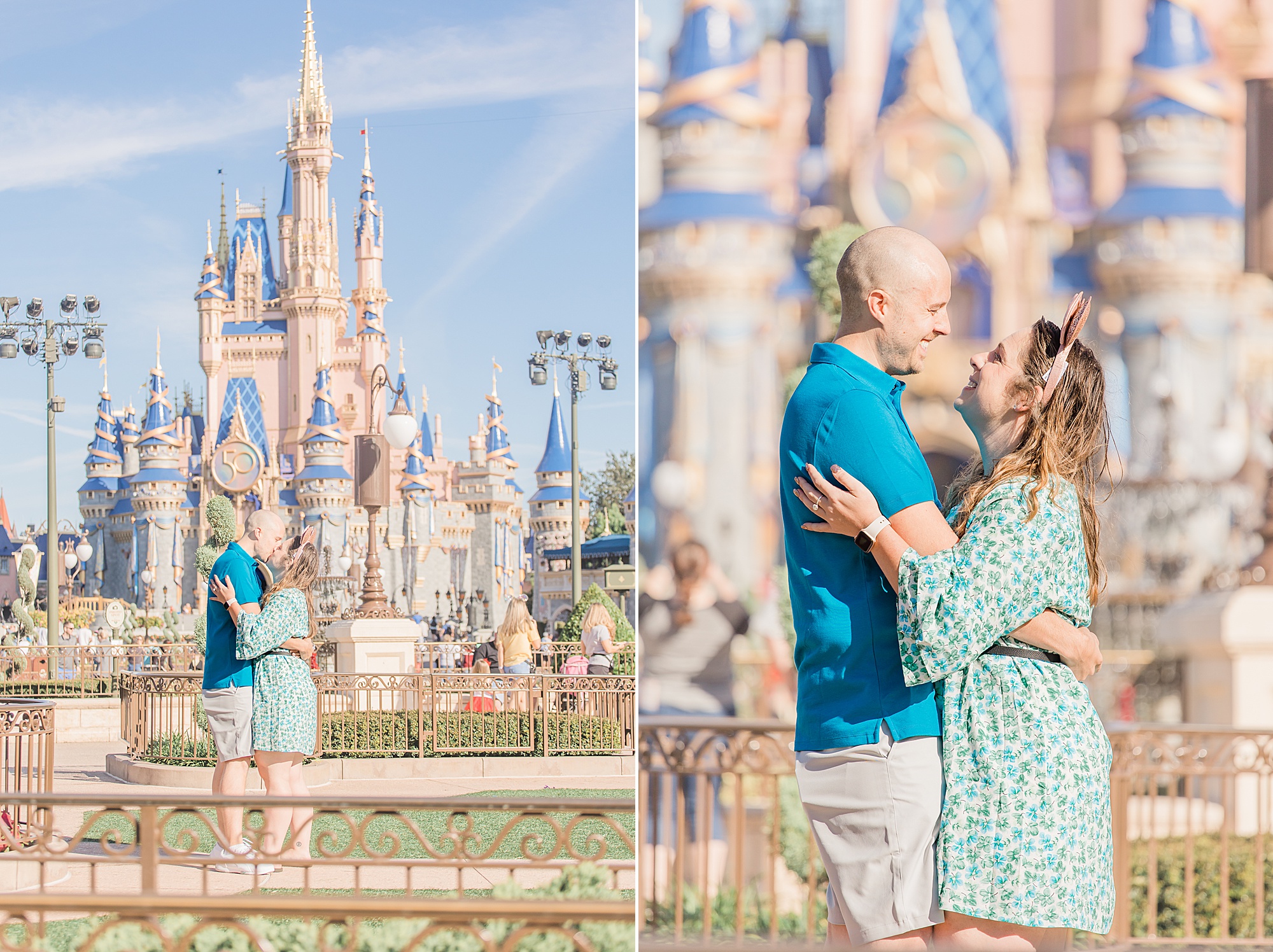 couple hugs by castle in Walt Disney World 