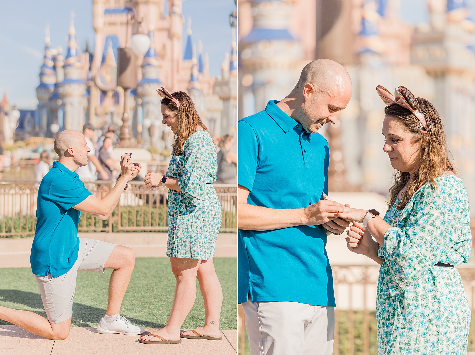 groom kneels to give bride engagement ring outside Cinderella's Castle 