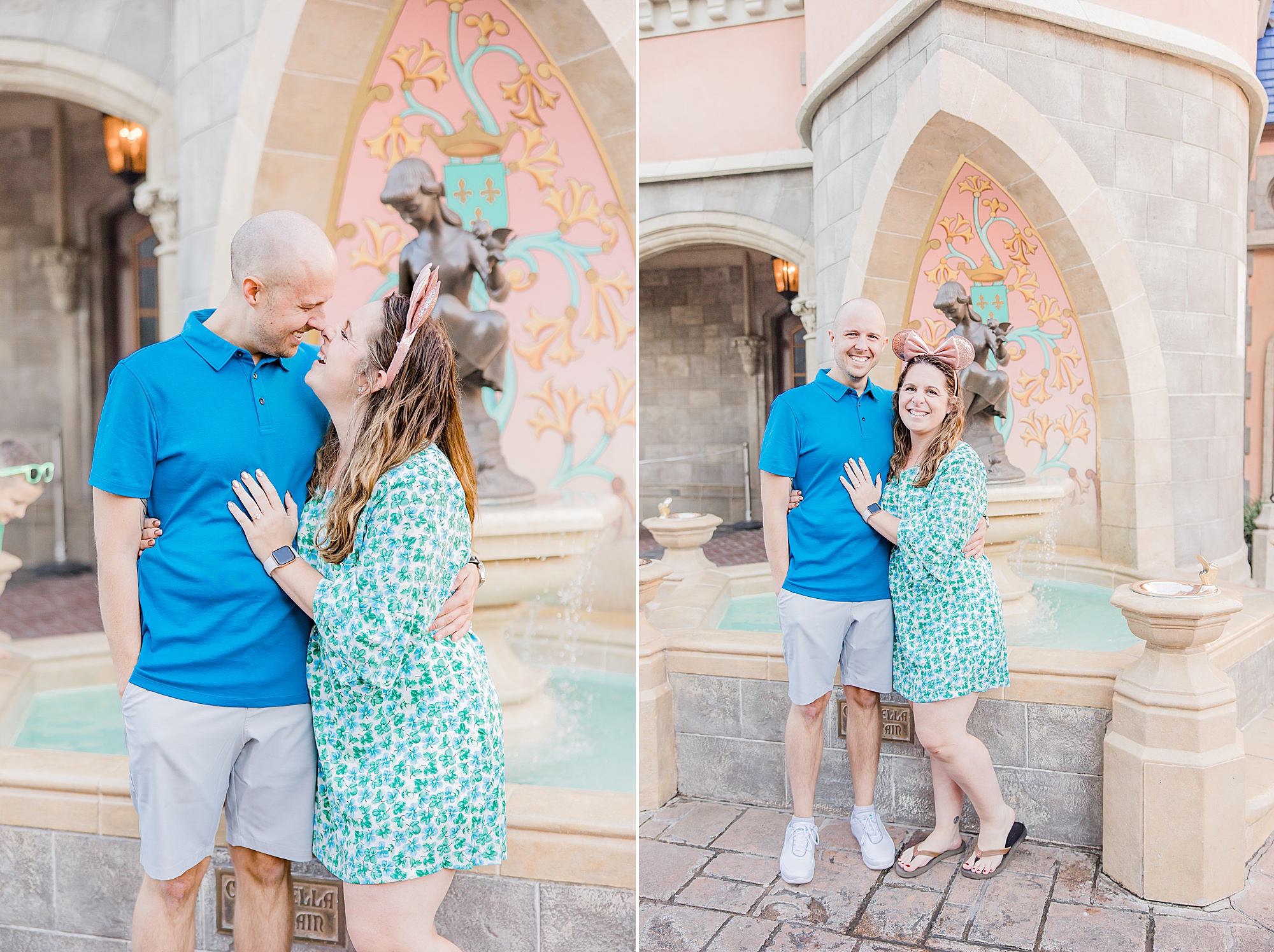 couple poses by Cinderella's Castle after Magic Kingdom Proposal