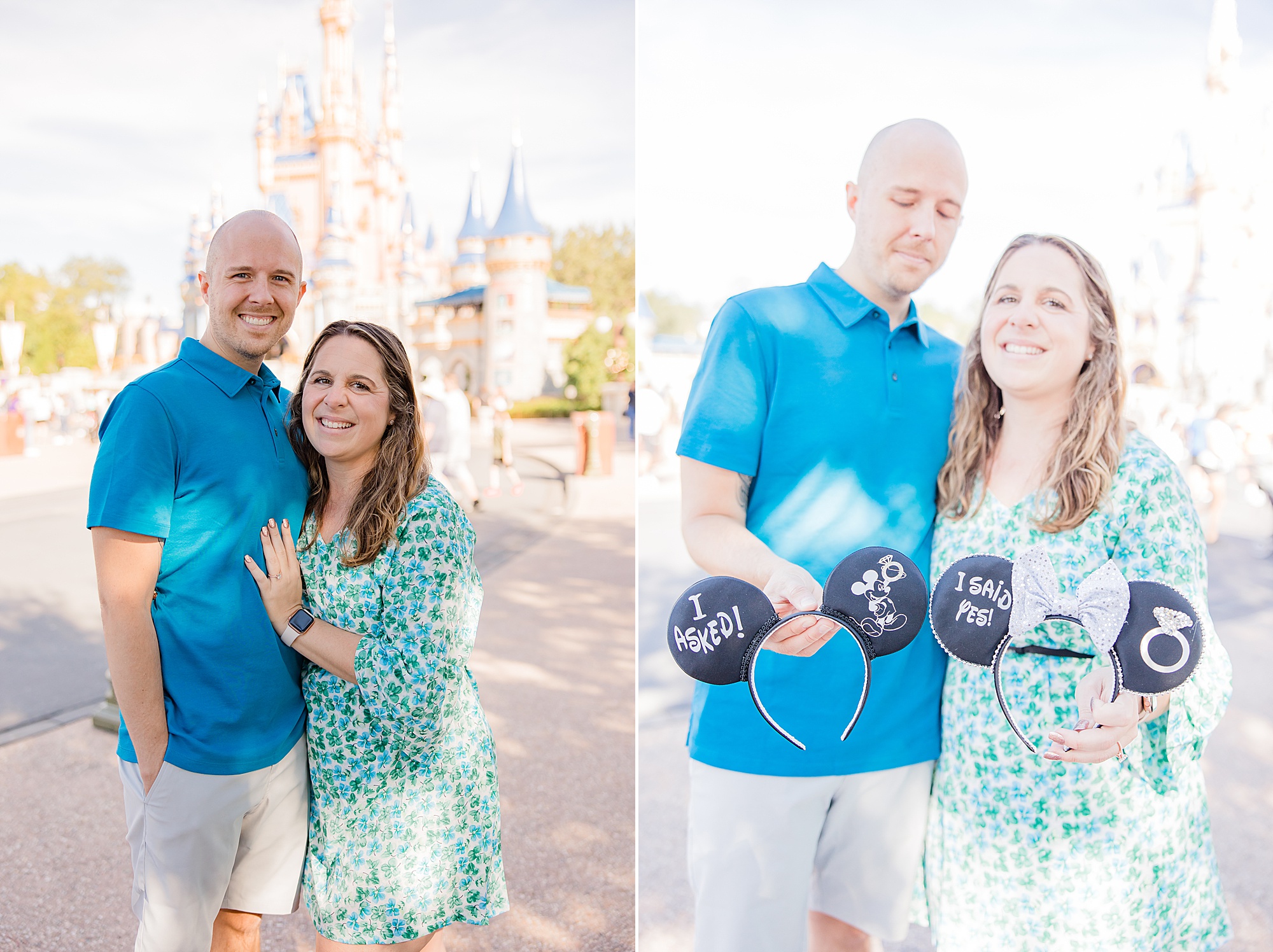 couple holds matching Mickey Mouse ears in Disney World