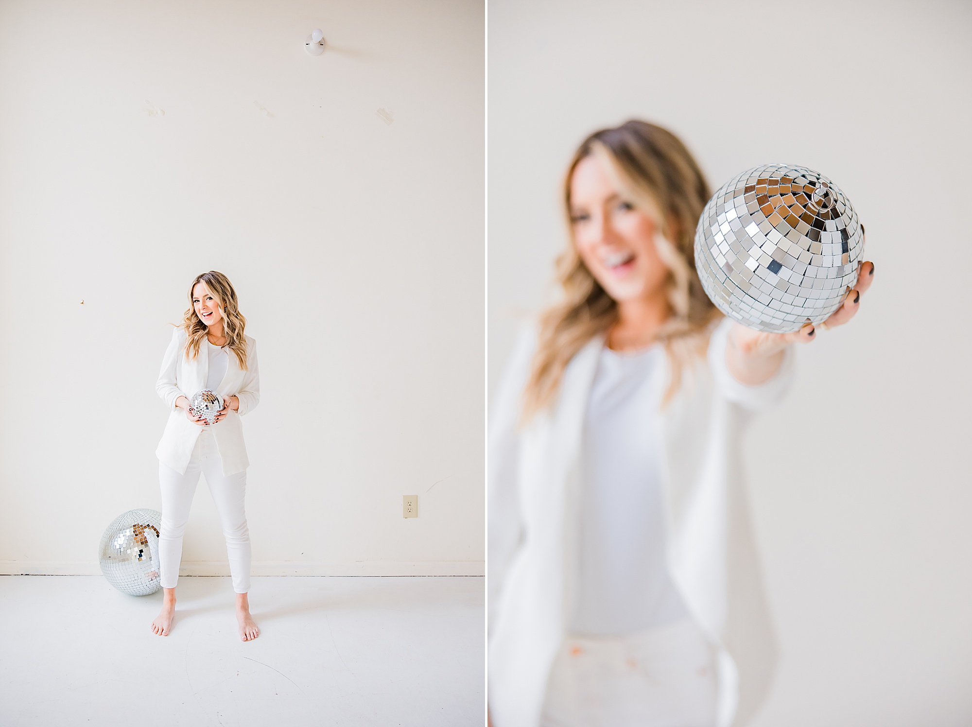 woman holds out a disco ball during branding photos in Charlotte NC
