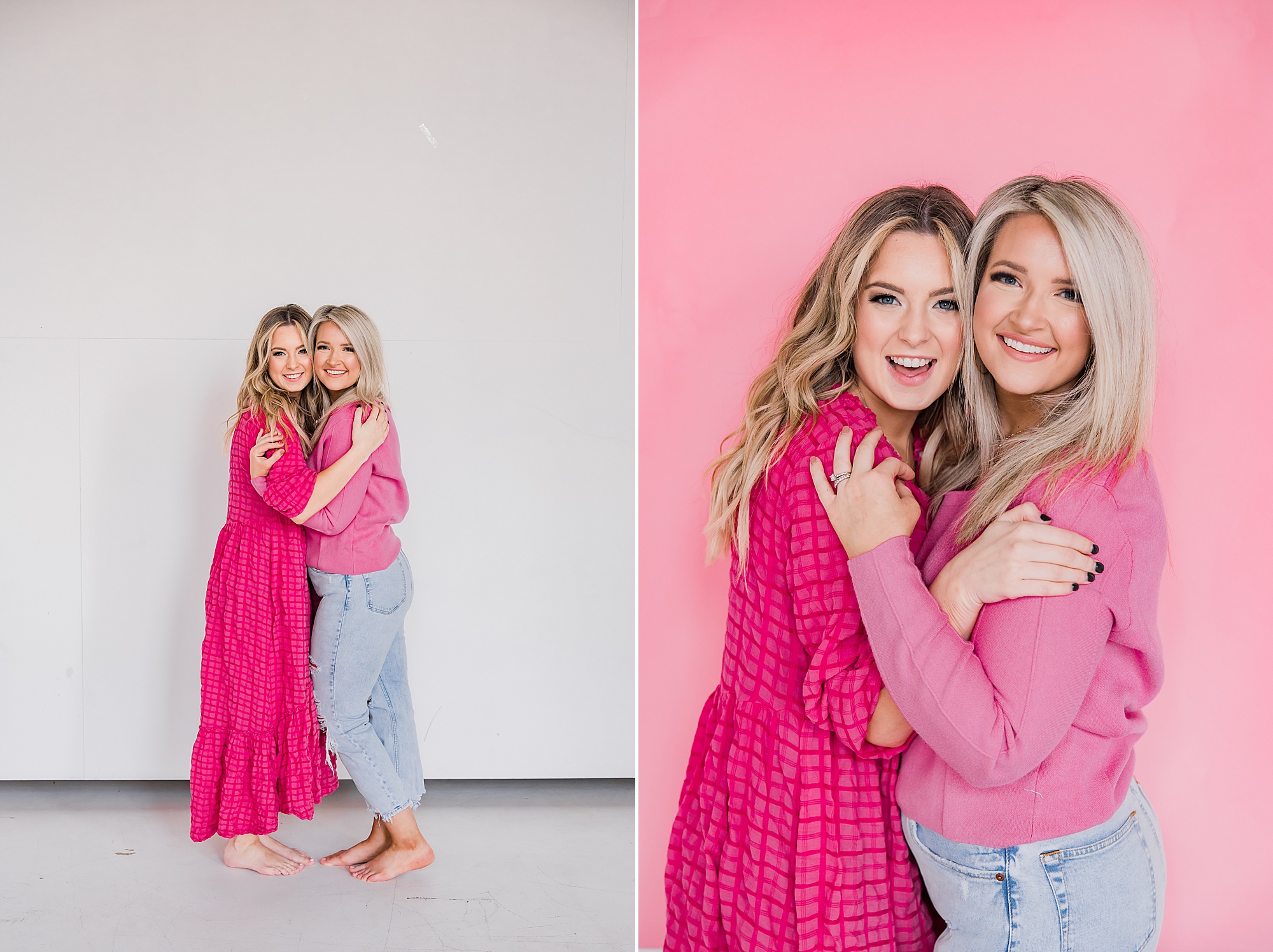 women in pink dresses hug during Charlotte Branding Session for Hair & Makeup Artists