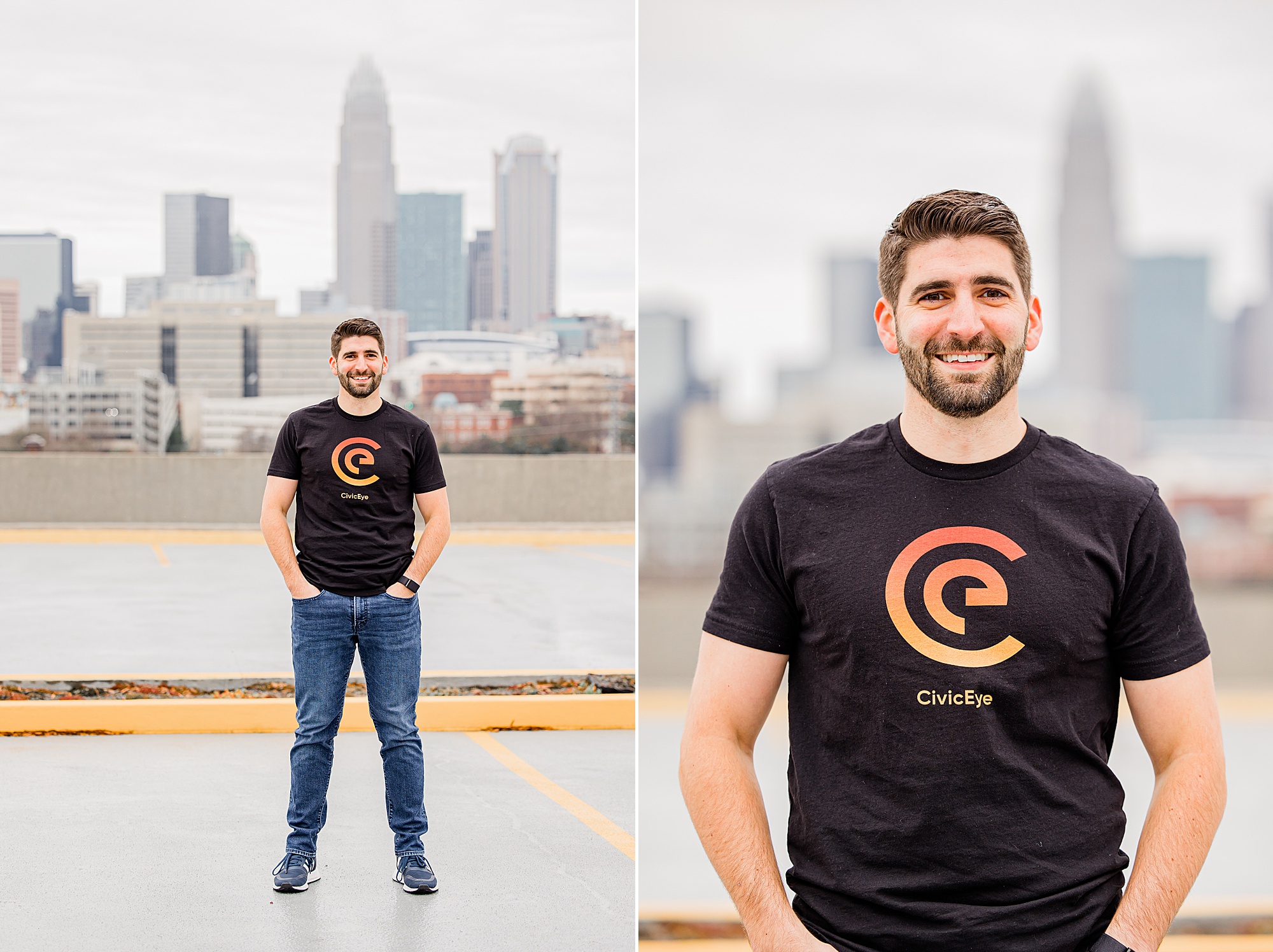 man poses in company shirt with Charlotte skyline behind him