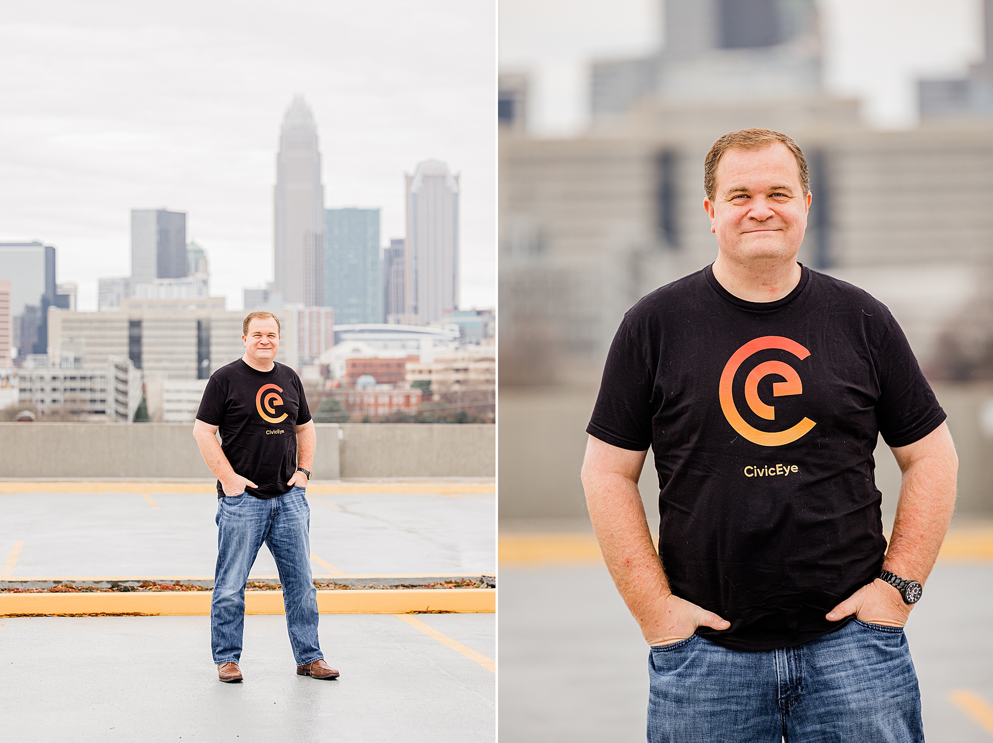 owner of CivicEye poses in company shirt during Charlotte headshots