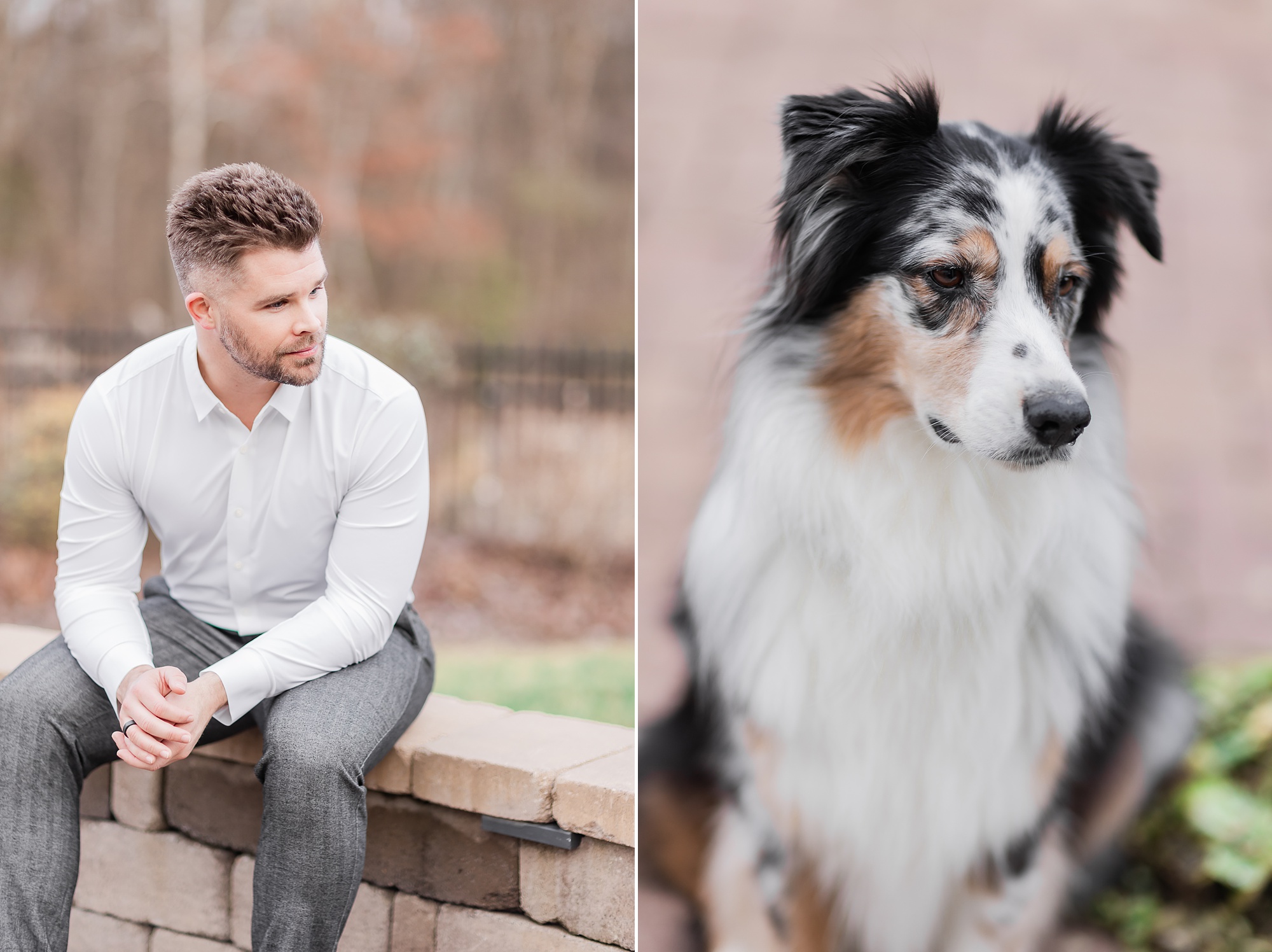 groom and dog sit on patio before NC wedding