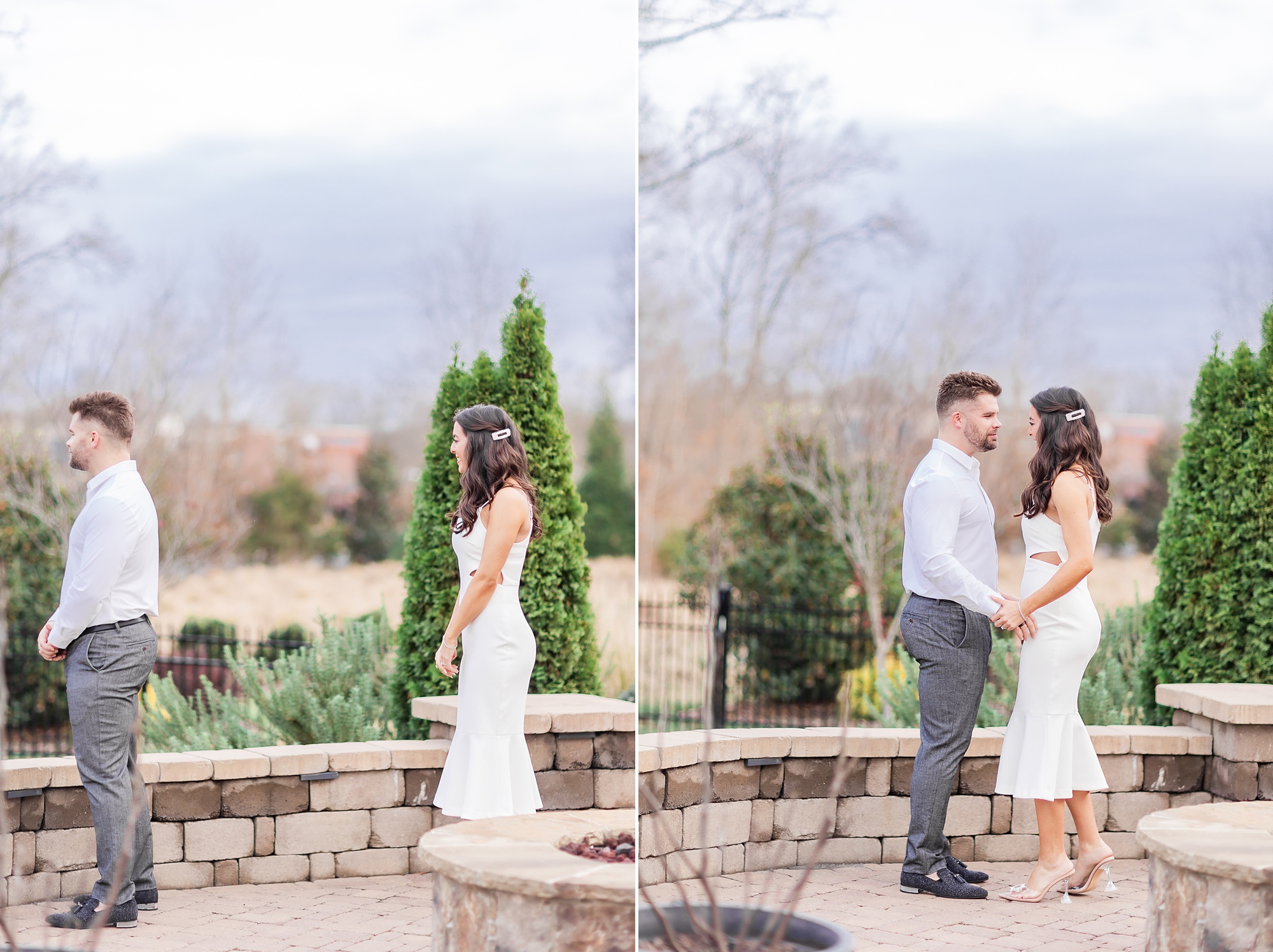bride and groom have first look before intimate at-home elopement