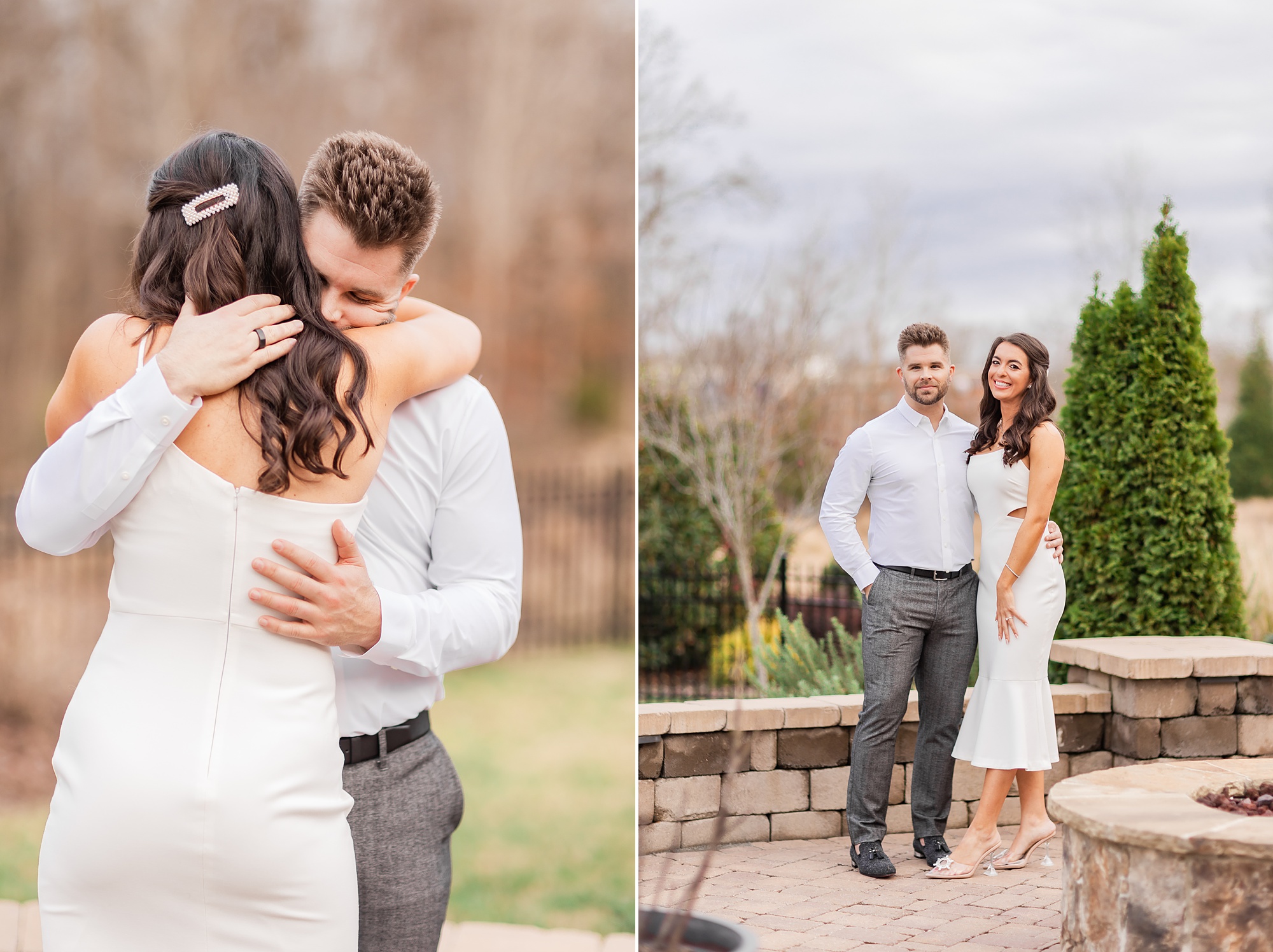 groom hugs bride-to-be during first look before intimate at-home elopement