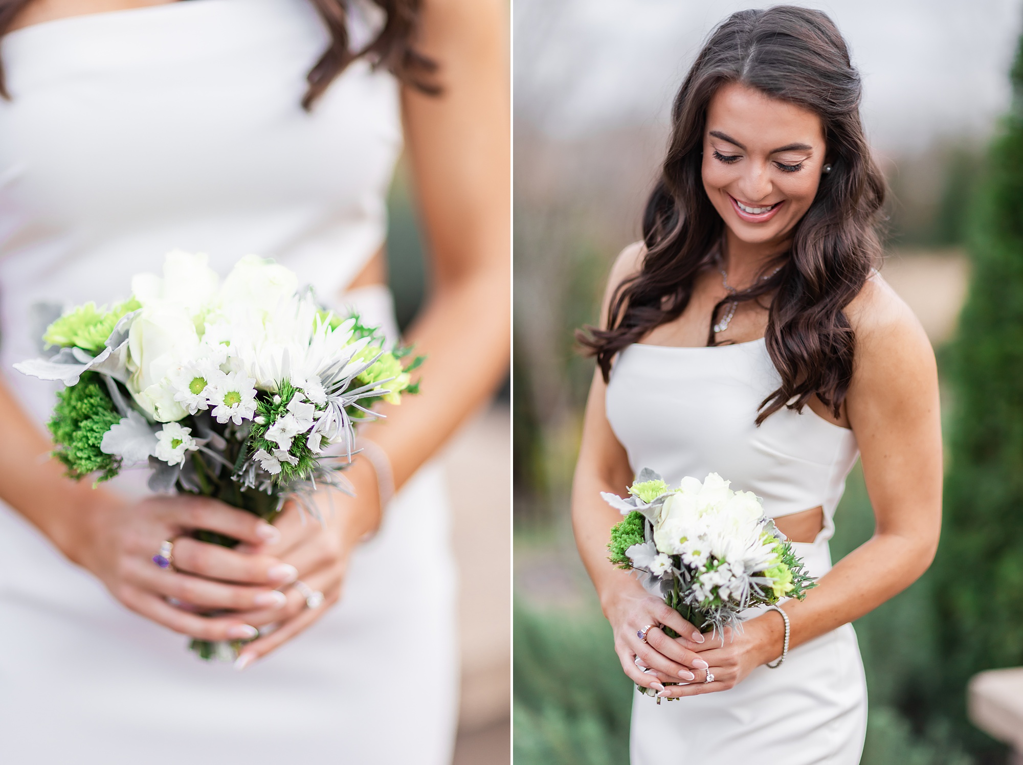 bride holds small bouquet of white and yellow flowers for intimate at-home elopement