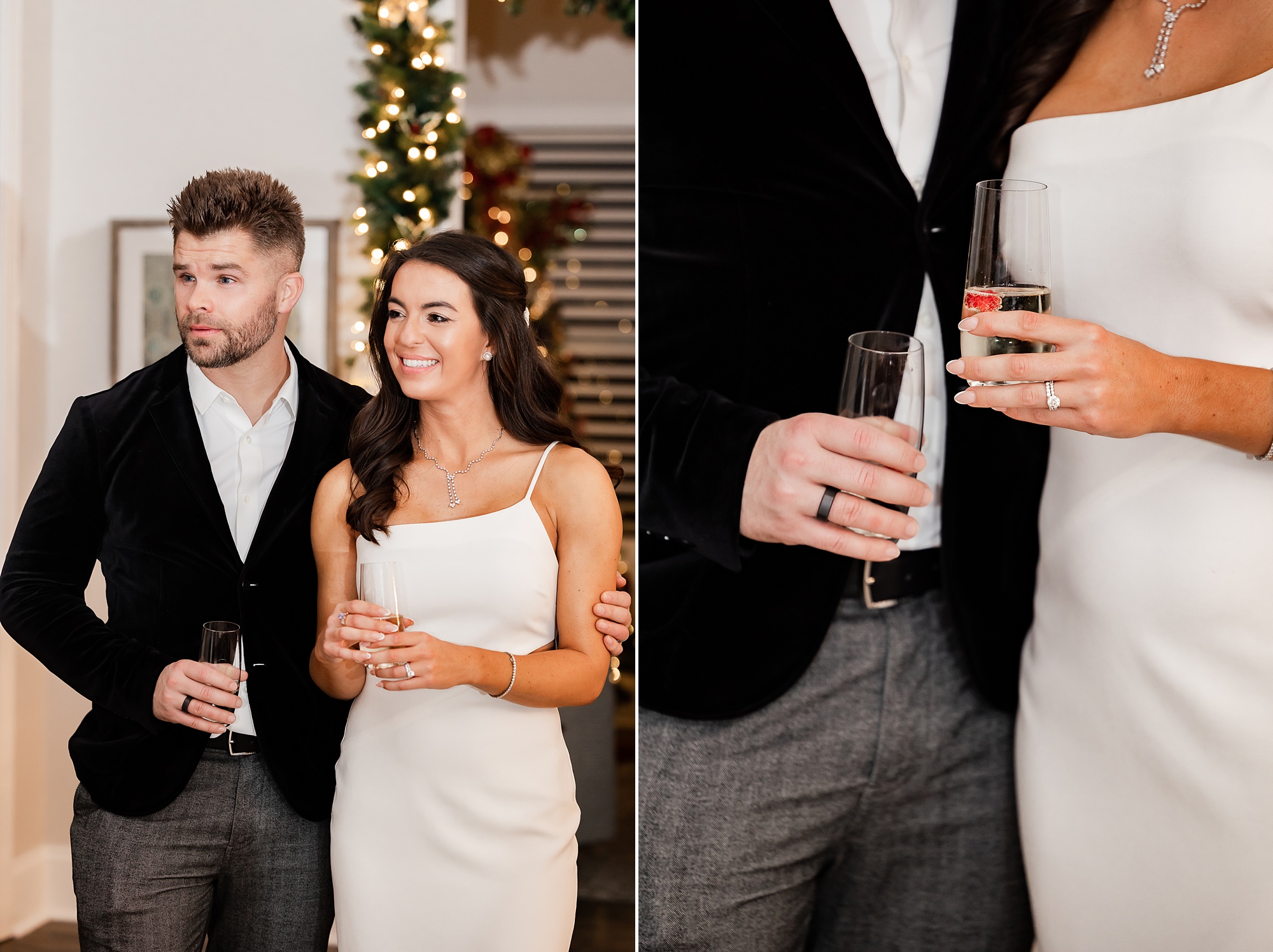couple listens to toasts after elopement at home
