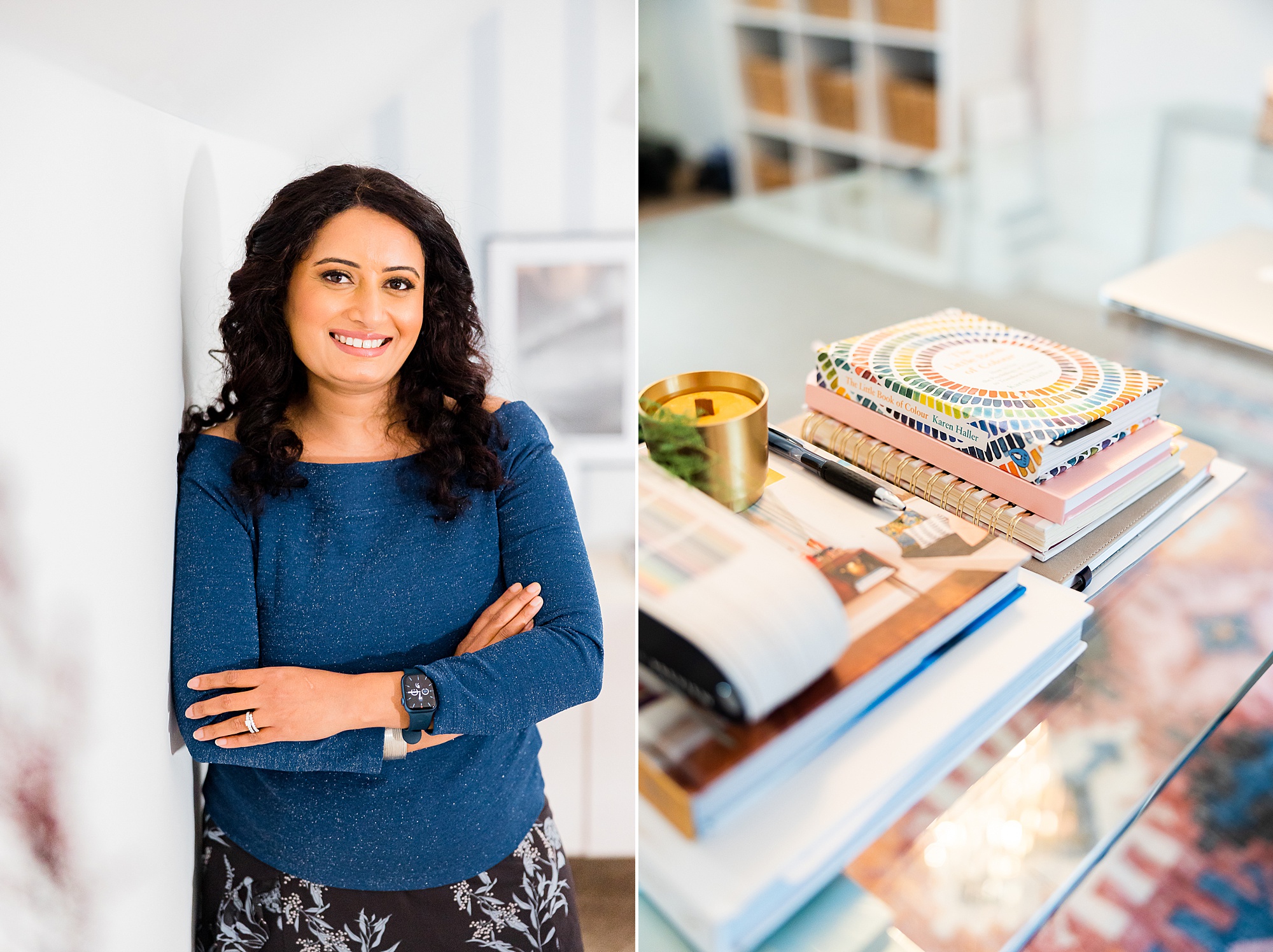woman poses in home office during branding session for interior designer