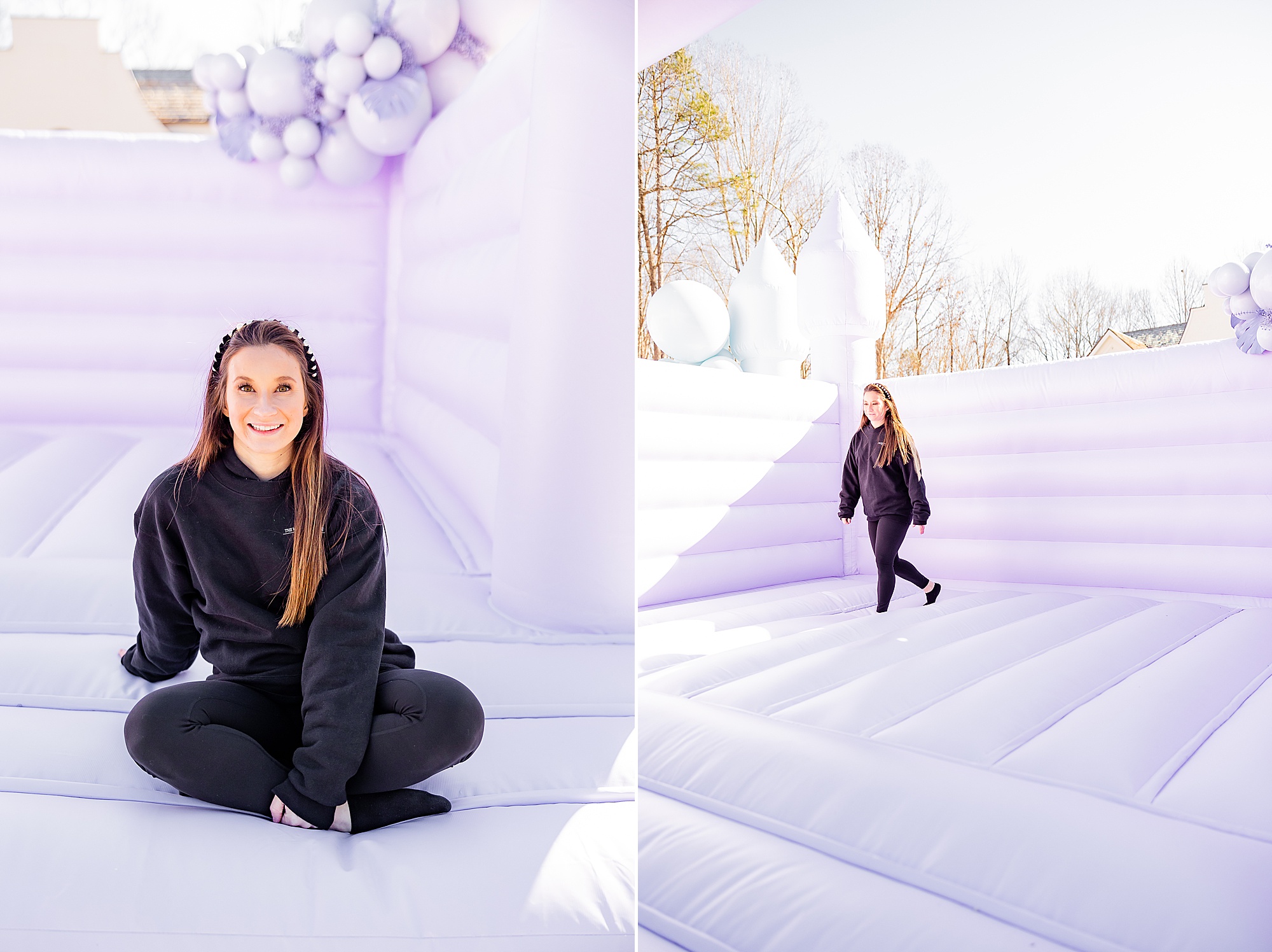 woman jumps on purple bounce house during launch photo shoot