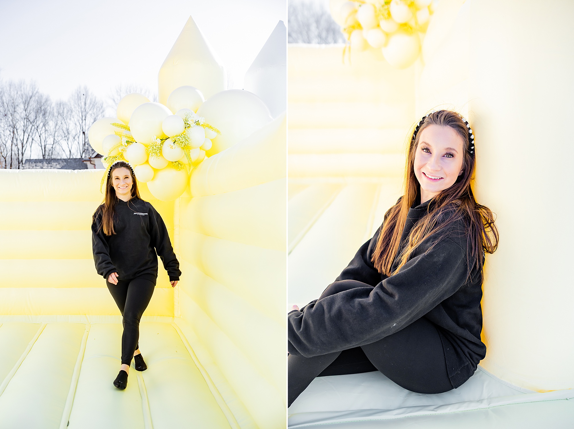 woman walks on yellow bounce house during Charlotte Branding Portraits
