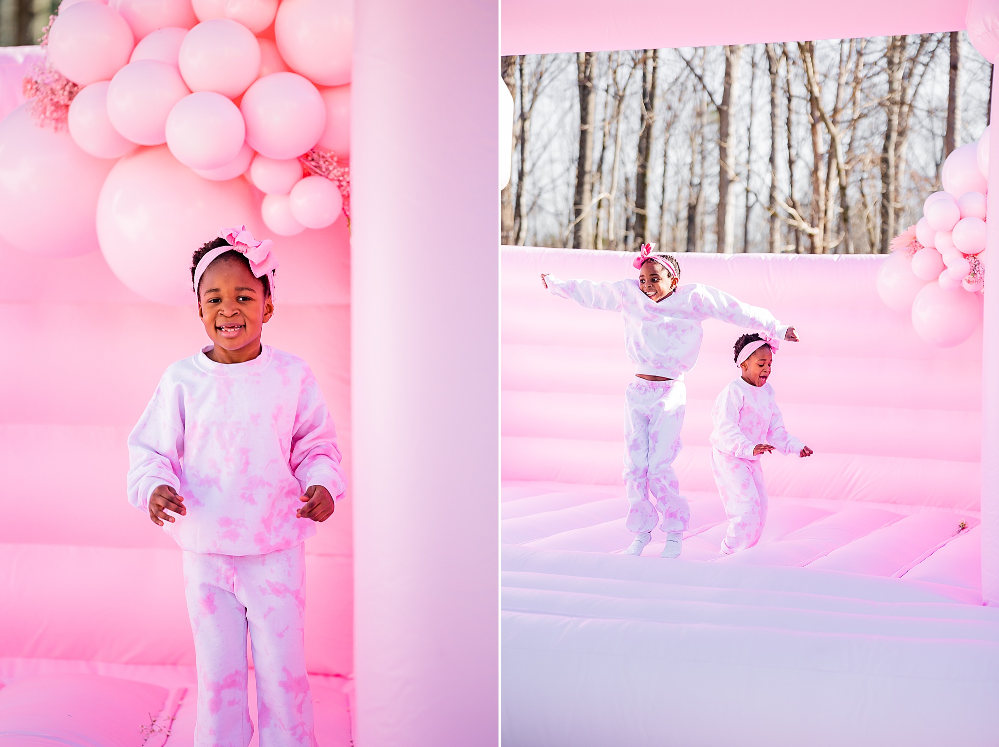 girls play on pastel pink bounce house