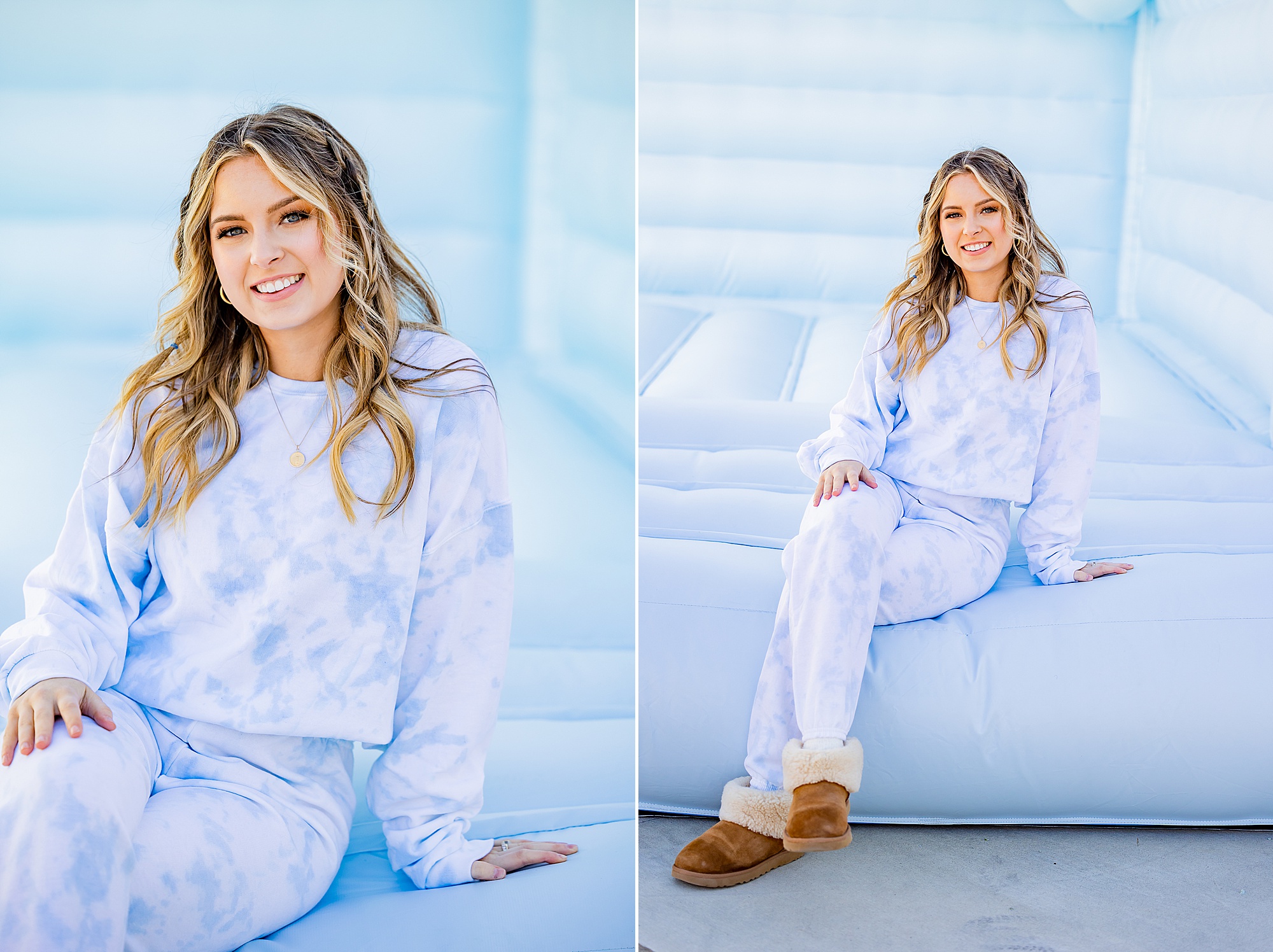 woman sits on light blue luxury bounce house during Charlotte Branding Portraits