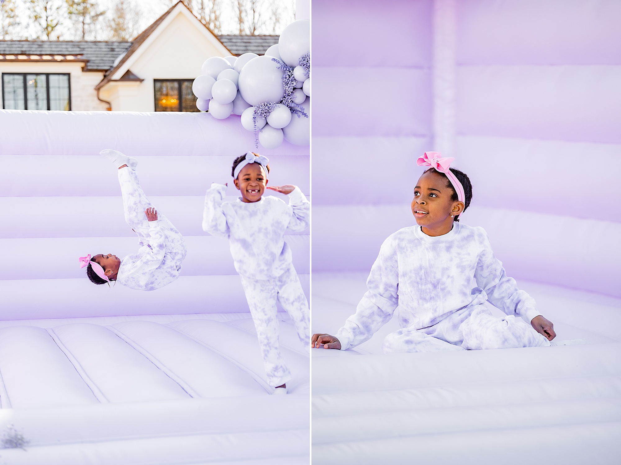 girls play on luxury purple bounce house during Charlotte Branding Portraits