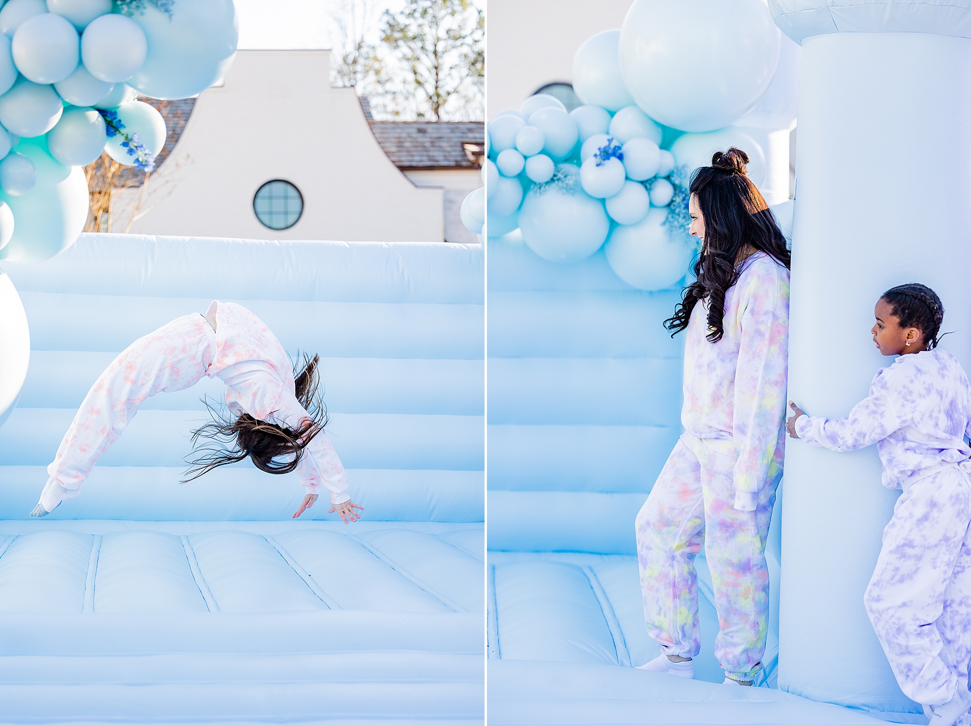 woman flips on bounce house during branding photos
