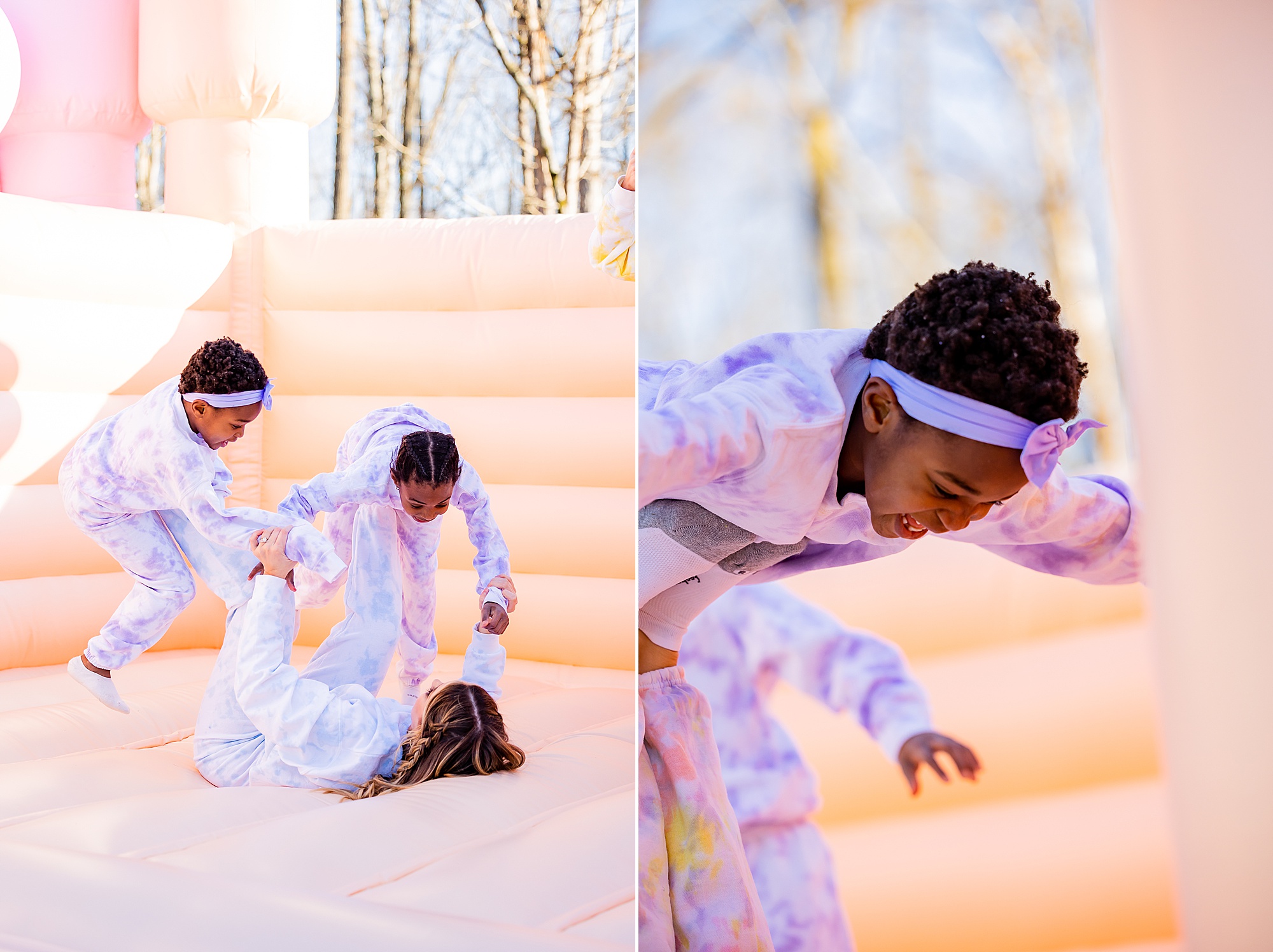 girls play with mom during branding session on bounce house