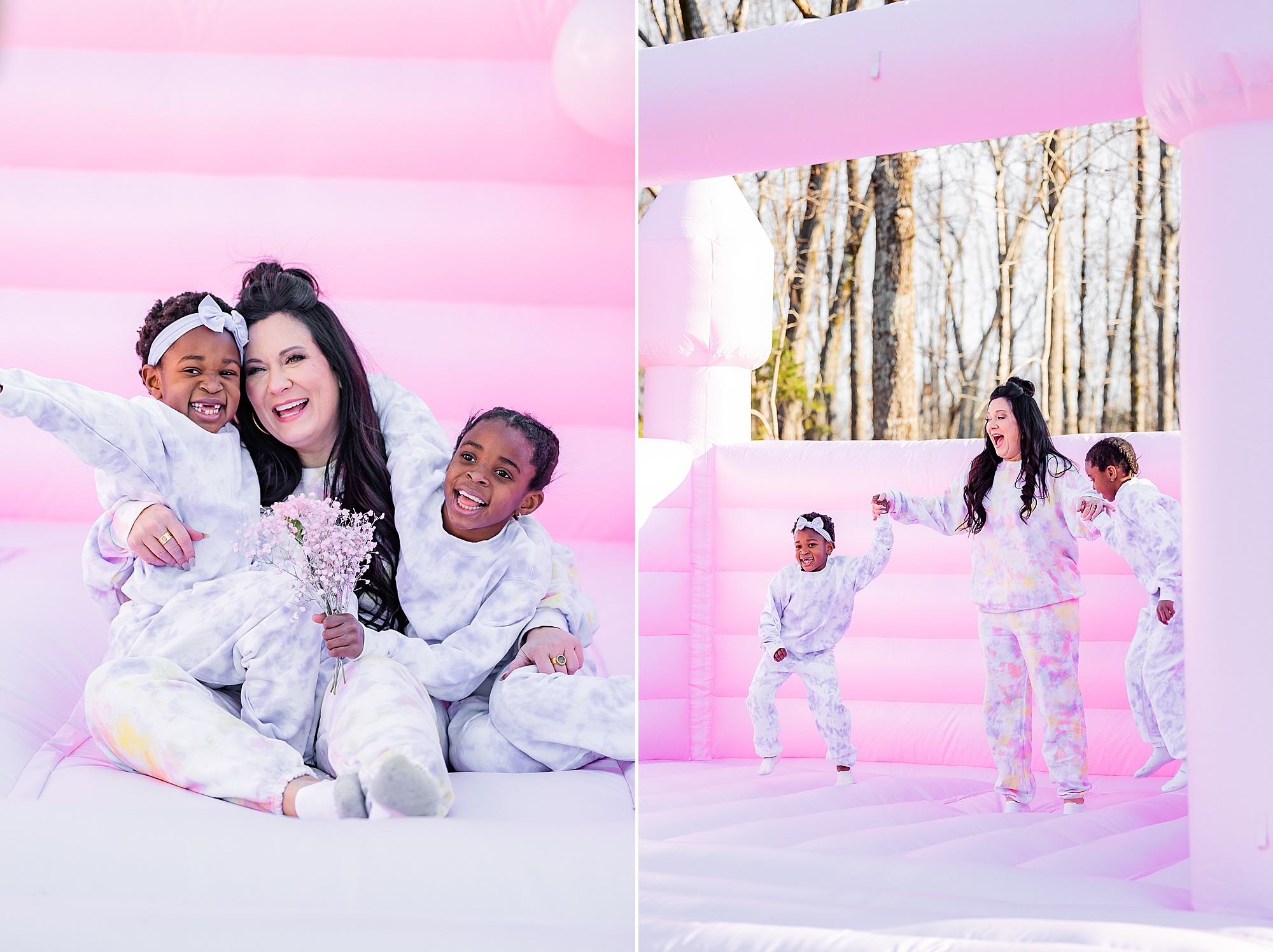 women plays with kids on pink bounce house 