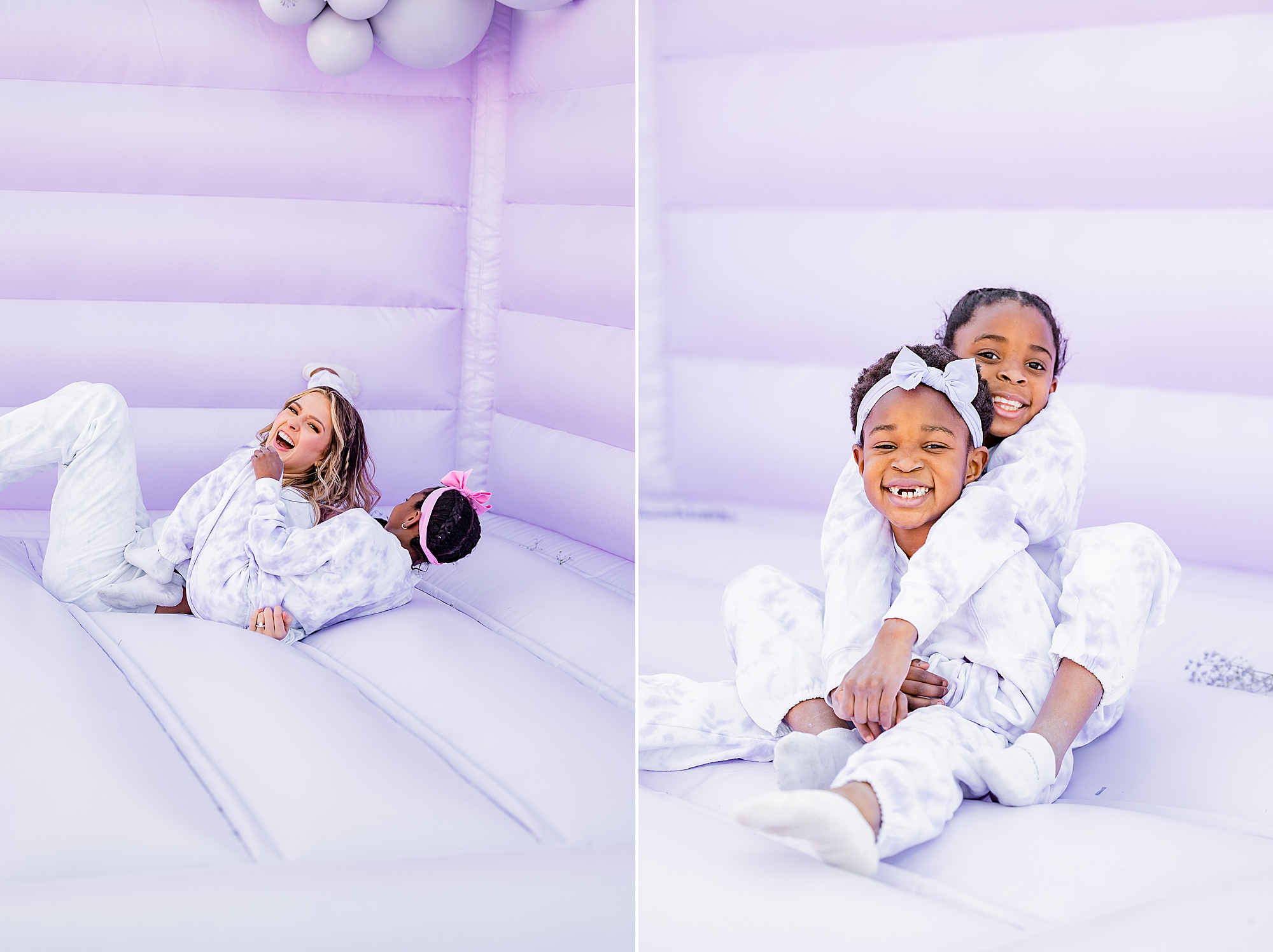 girls play on purple bounce house 