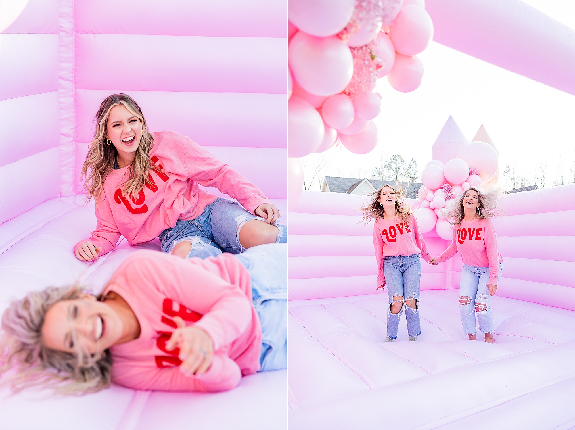 women in matching pink sweaters play on pink bounce house
