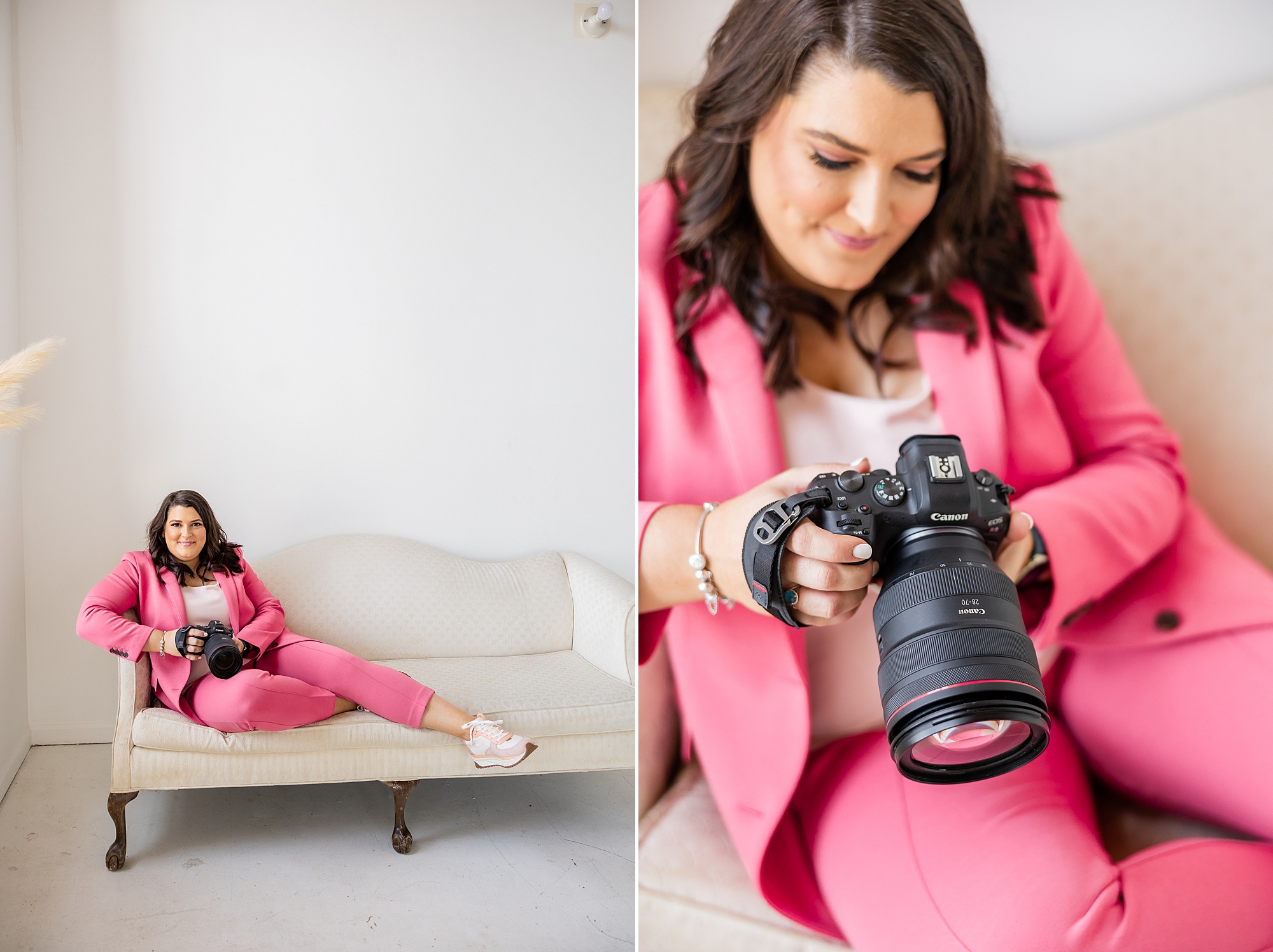 photographer poses on couch during studio branding photos